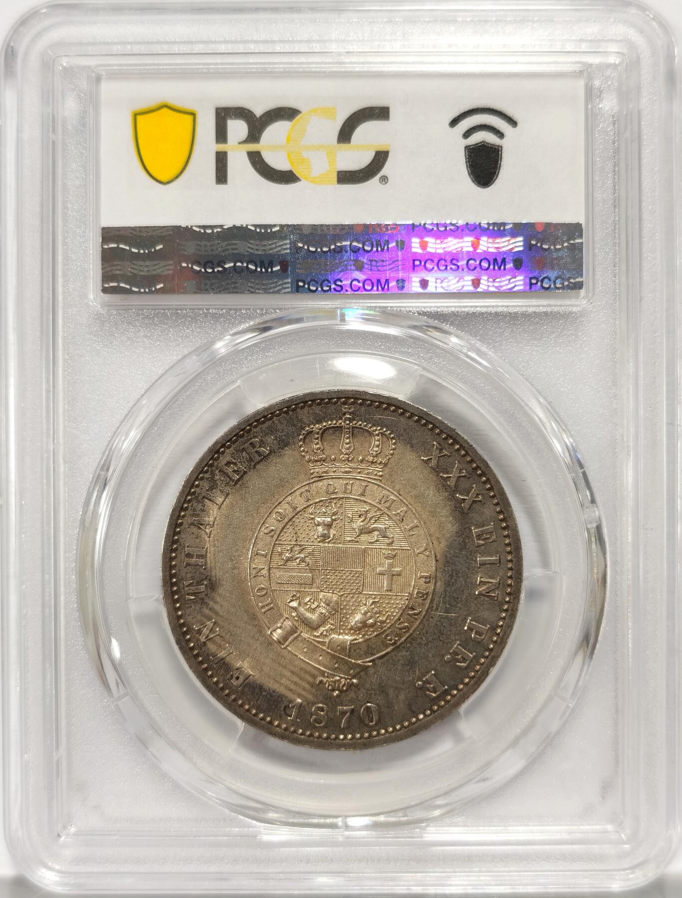 博洋堂“夏光旖旎”7月精品专场暨第085期（全场包邮） PCGS MS62 德国1870年梅克伦堡-施特雷利1泰勒银币，原味重五彩，实物状态极其诱人