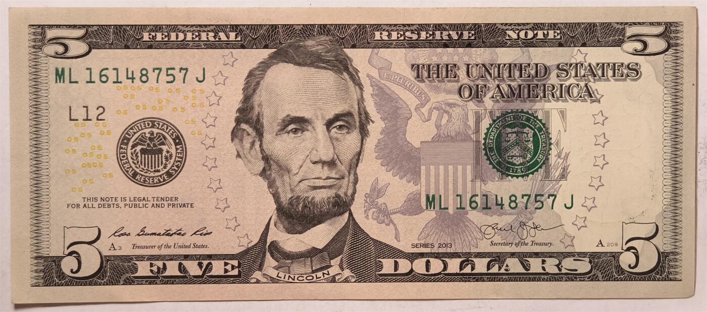 紫瑗钱币——第393期拍卖——纸币场 美国 2013年 L版 无序列 亚伯拉罕·林肯 5美元 彩色版 UNC