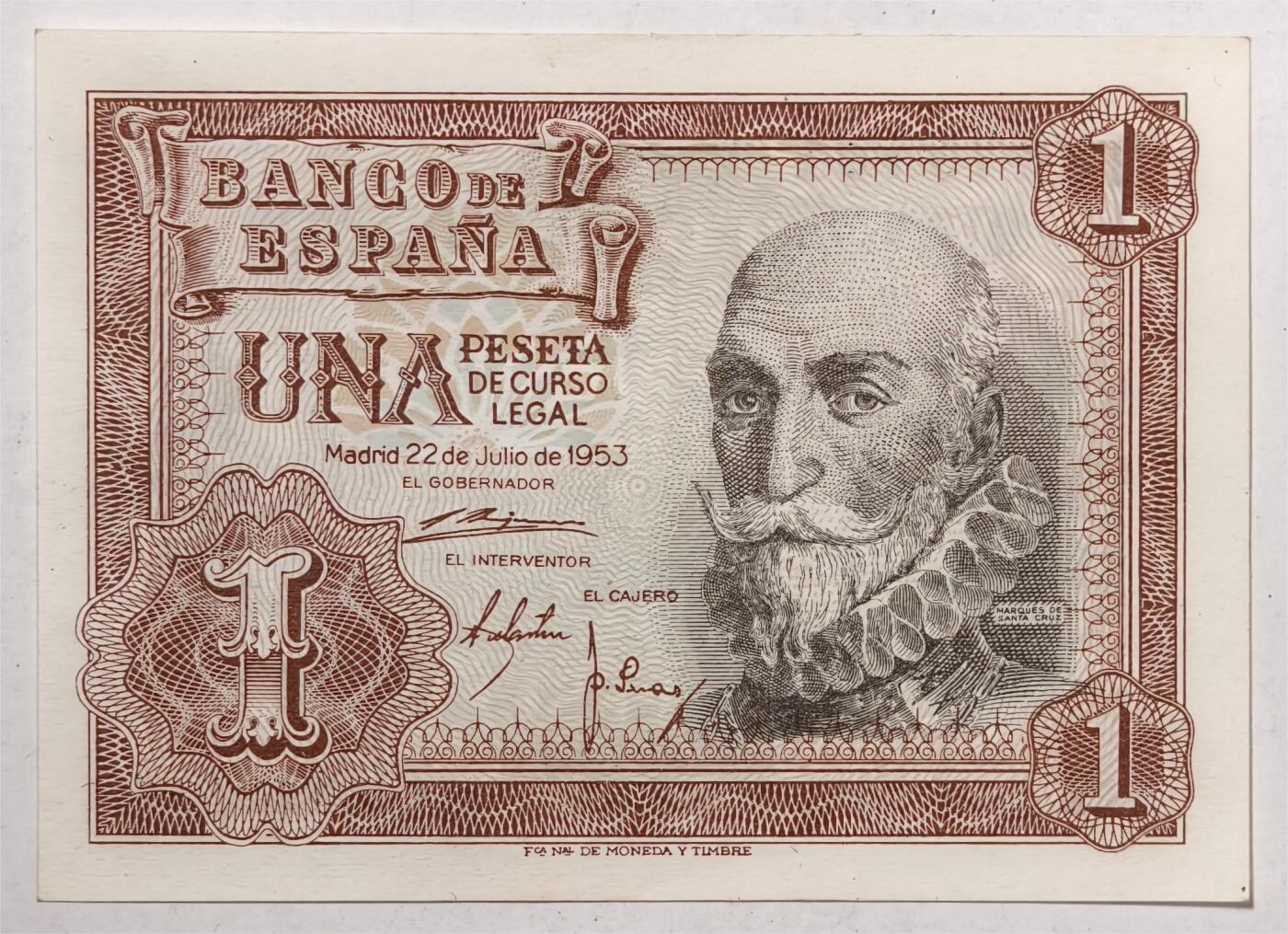 紫瑗钱币——第393期拍卖——纸币场 西班牙 1953年 阿尔瓦罗 1比塞塔 UNC (p-144a)