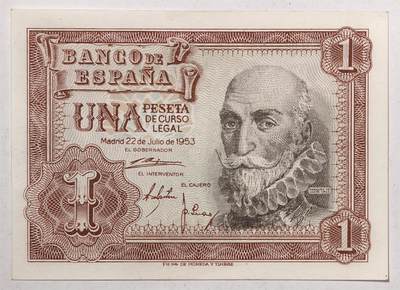 紫瑗钱币——第393期拍卖——纸币场 - 西班牙 1953年 阿尔瓦罗 1比塞塔 UNC (p-144a)