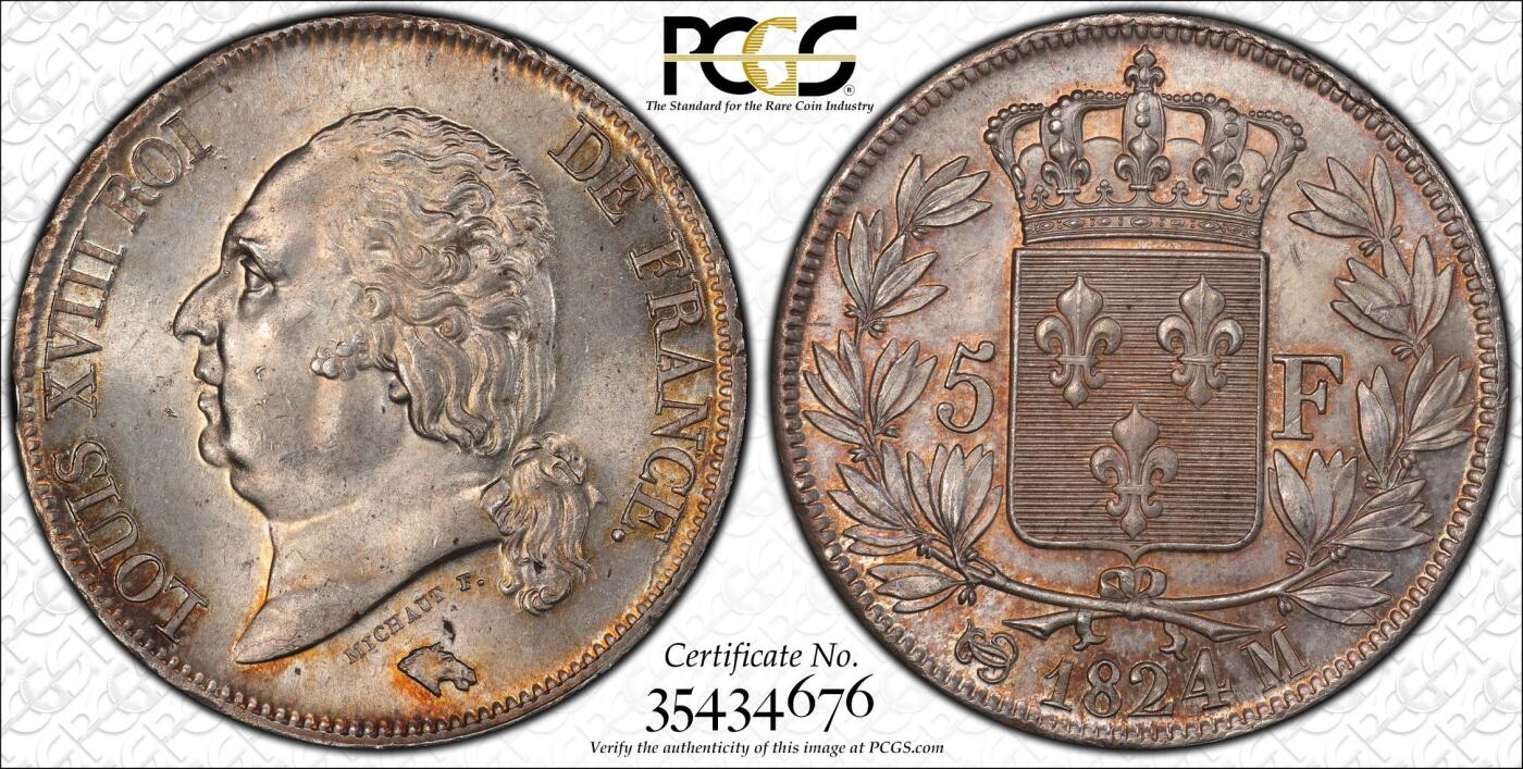 万国钱币拍卖第030期（万国三十期纪念大拍） PCGS MS64 1824年法国路易十八世5法郎大银币 来自德国老藏家 无弱打淡彩非常难得