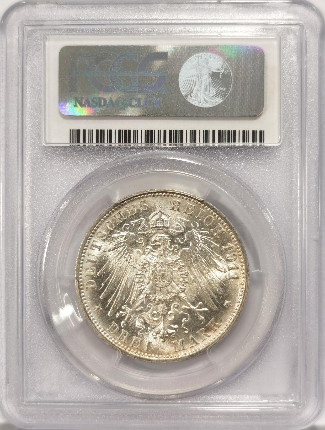 博洋堂“夏光旖旎”7月精品专场暨第085期（全场包邮） PCGS MS65 德国符腾堡1911年F版金婚3马克银币，高转光，正面圈淡金色包浆