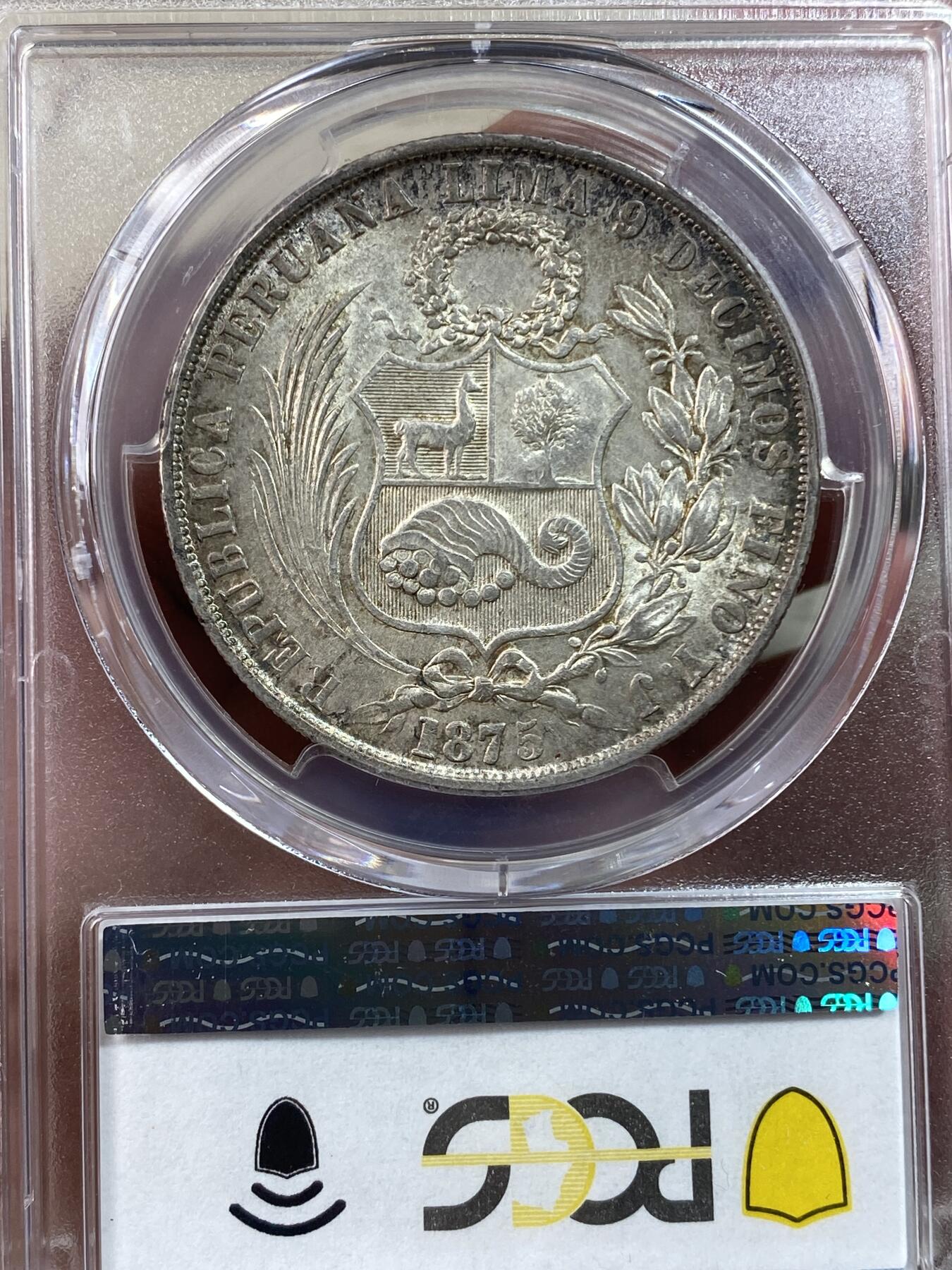 万国钱币拍卖第030期（万国三十期纪念大拍） PCGS AU58 1875秘鲁自由女神1索尔大银 原味酱彩