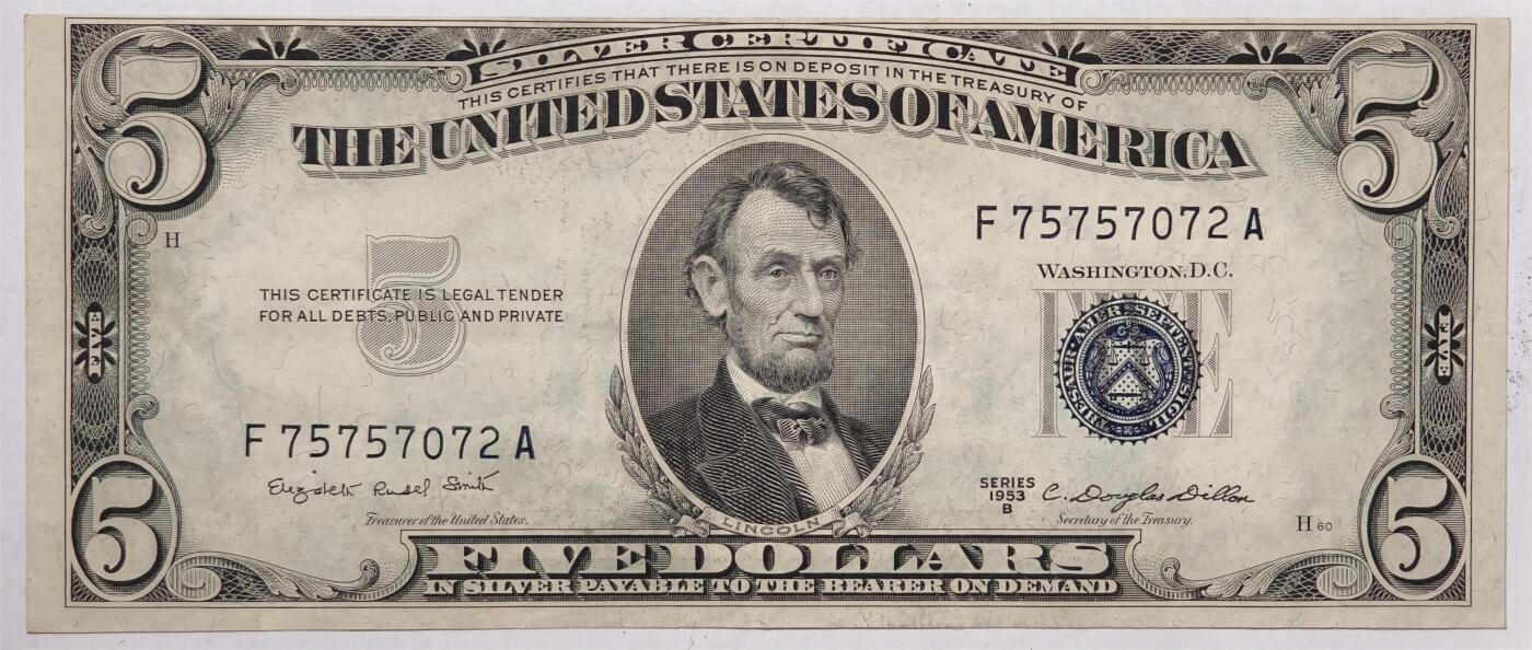 紫瑗钱币——第393期拍卖——纸币场 美国 1953年 B序列 亚伯拉罕·林肯 5美元 蓝印 银元券 流通品