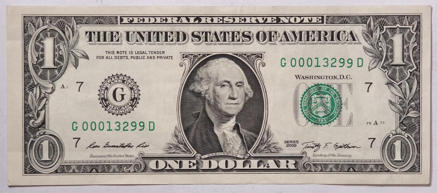 紫瑗钱币——第393期拍卖——纸币场 美国 2009年 G版 无序列 乔治·华盛顿 1美元 AU