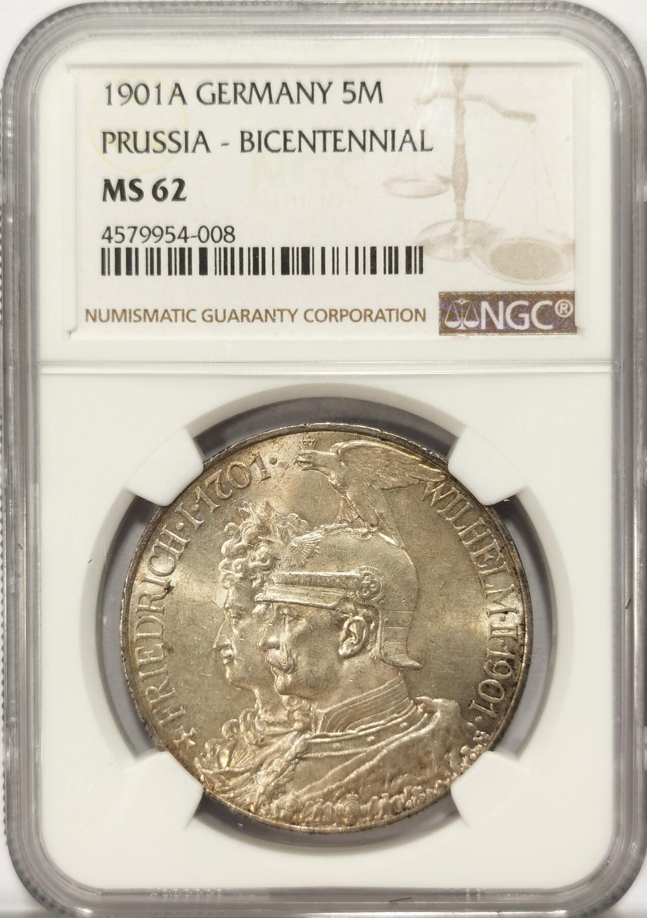 博洋堂“夏光旖旎”7月精品专场暨第085期（全场包邮） 1901年德国普鲁士建国200周年5马克纪念银币NGC-MS62，原汁原味老包浆，包浆醇厚润泽，币面清爽干净又漂亮，打制精美，对比状态和品质绝对不输MS63