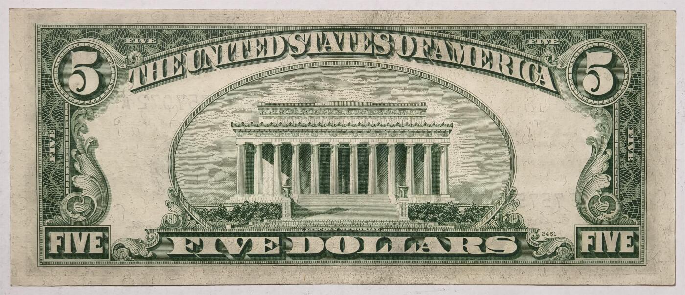 紫瑗钱币——第393期拍卖——纸币场 美国 1953年 B序列 亚伯拉罕·林肯 5美元 蓝印 银元券 流通品