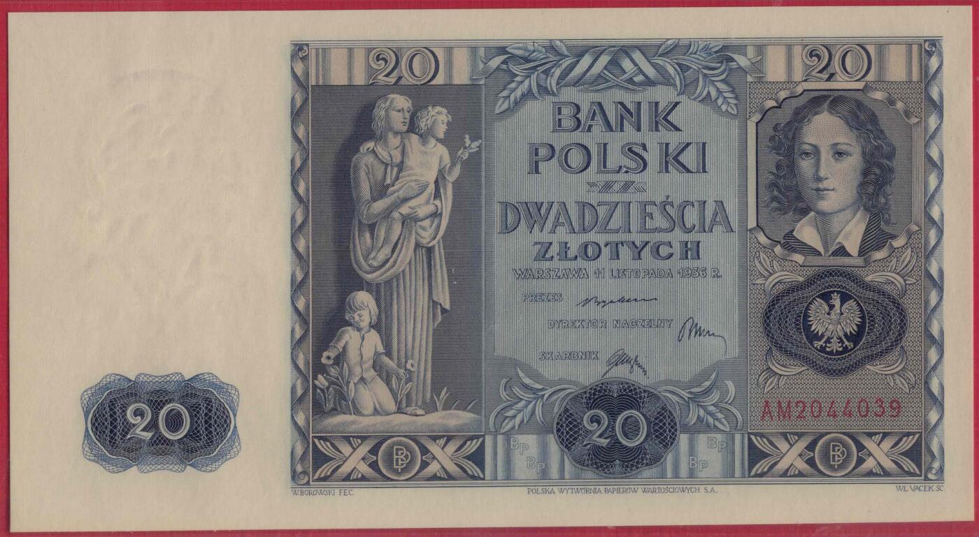 波兰1936年20兹罗提 P-77 欧洲纸币 实物图 UNC