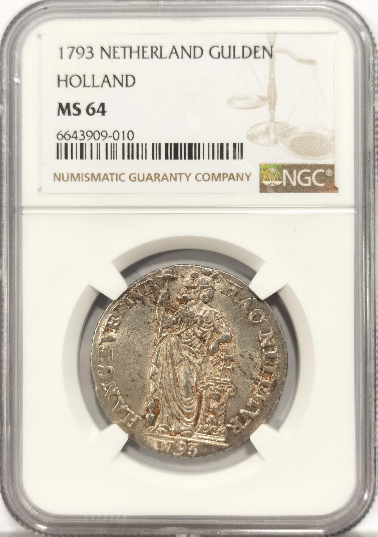 博洋堂“夏光旖旎”7月精品专场暨第085期（全场包邮） NGC MS64 荷兰1793荷兰省1盾，大航海时代的见证，正面铭文意为“守护彼此，依靠彼此”，女神五官清晰，MS64一步到位