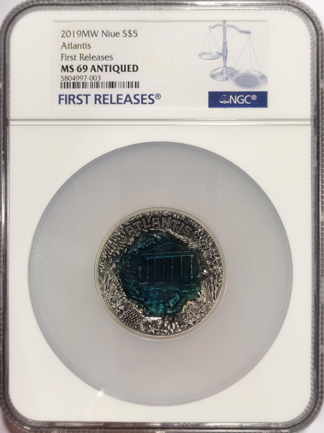 博洋堂“夏光旖旎”7月精品专场暨第085期（全场包邮） NGC MS69 2019年纽埃首发2盎司亚特兰蒂斯镶嵌树脂高浮雕仿古银币，盒证齐全