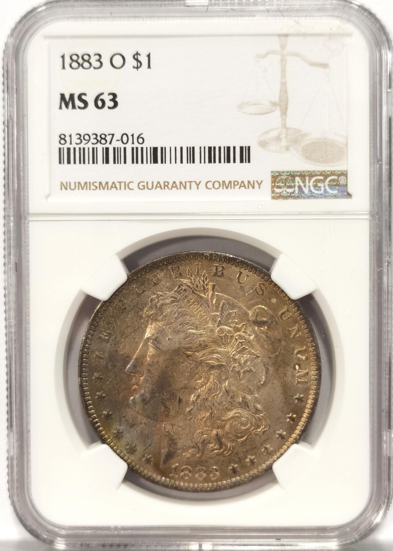 博洋堂“夏光旖旎”7月精品专场暨第085期（全场包邮） 1883年美国摩根银币O版NGC-MS63，原汁原味老包浆，包浆醇厚润泽又犀利，打制精美，正面非常漂亮的炫彩，卷首拆卷，状态极佳