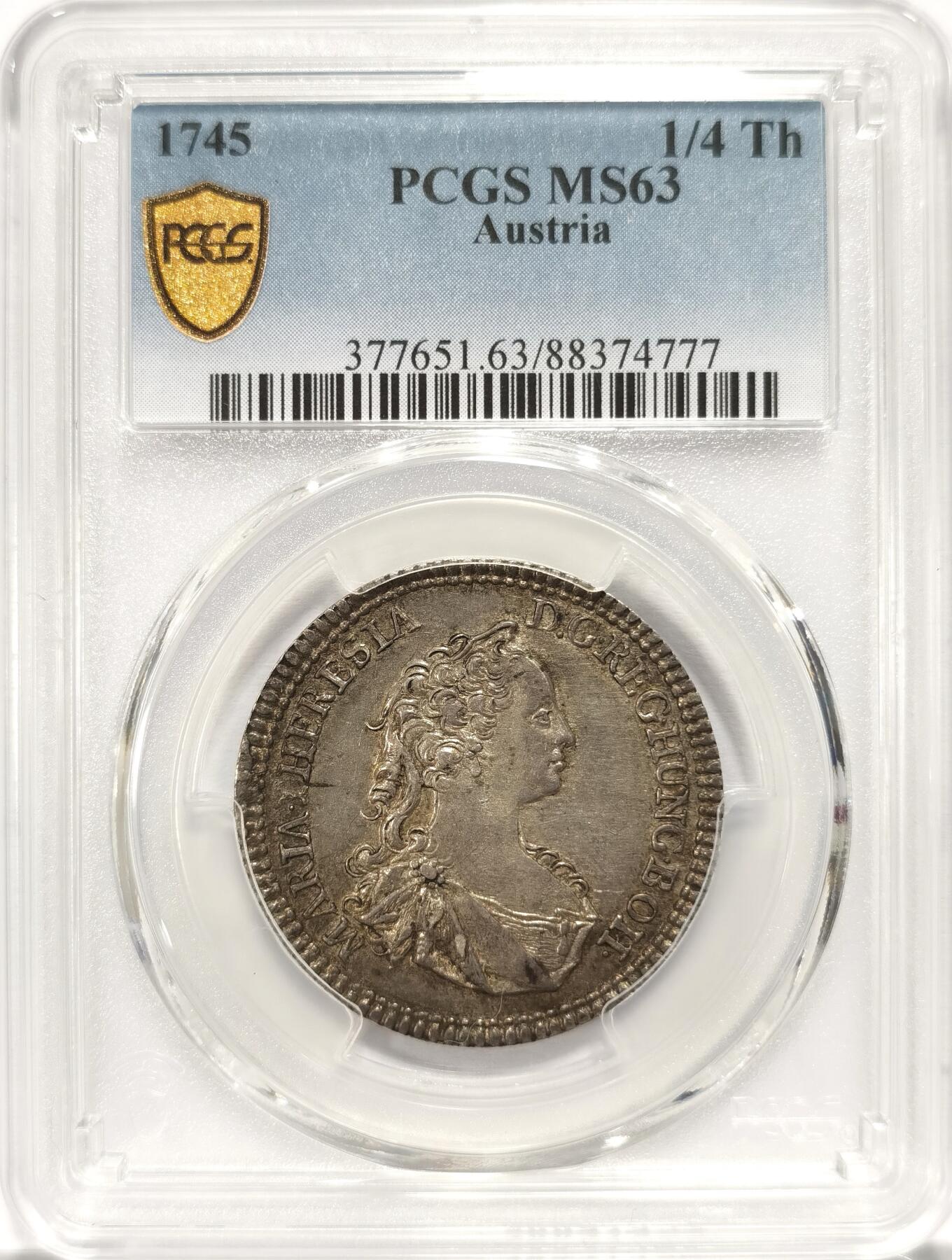 博洋堂“夏光旖旎”7月精品专场暨第085期（全场包邮） PCGS MS63 奥地利1745年玛丽亚1/4泰勒 稀少品种 冠军分