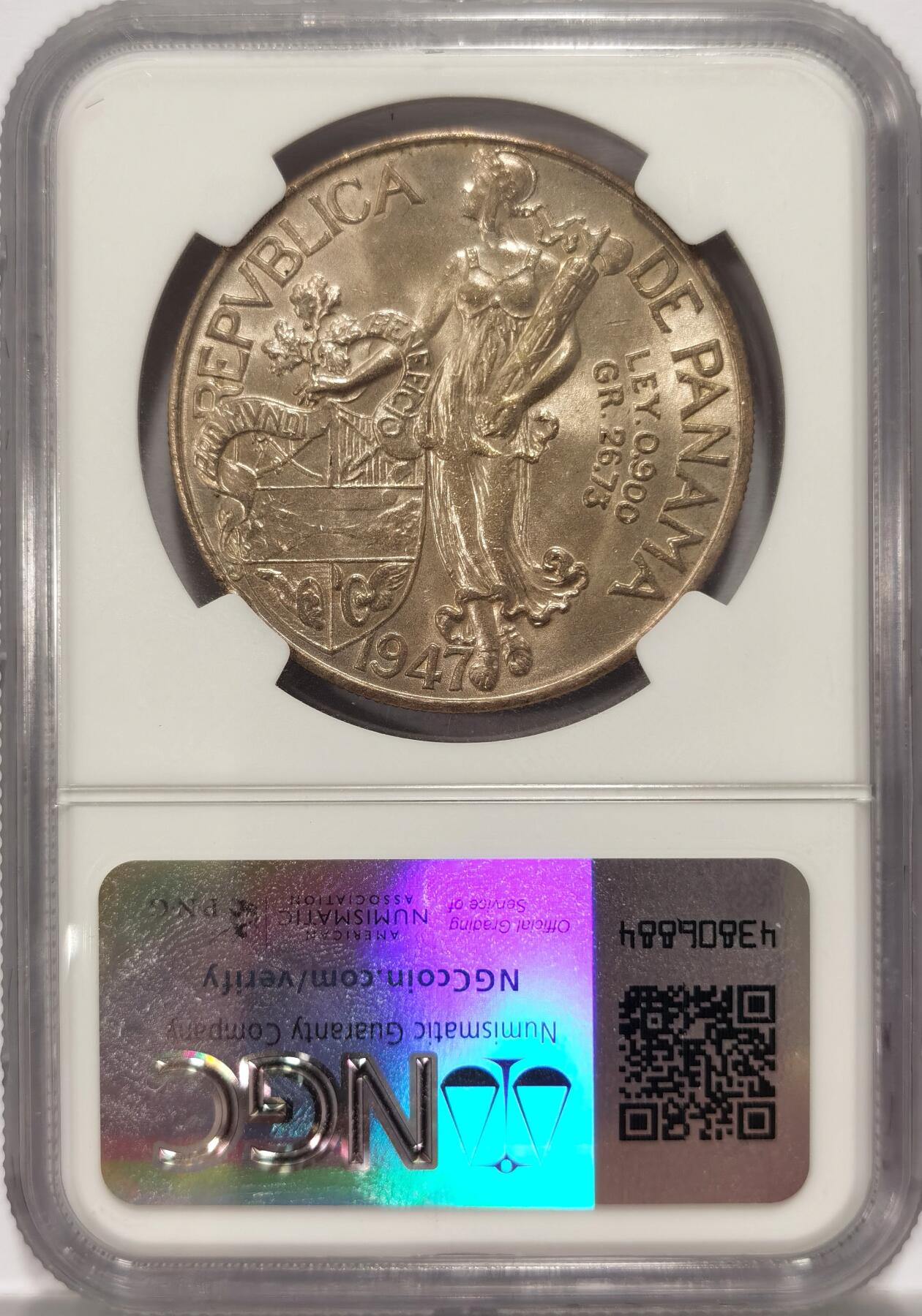 博洋堂“夏光旖旎”7月精品专场暨第085期（全场包邮） 1947年巴拿马1巴波亚银币NGC-MS62，女神系大主币，原汁原味老包浆，包浆醇厚，略为低评，状态和品质秒杀极大部分MS63