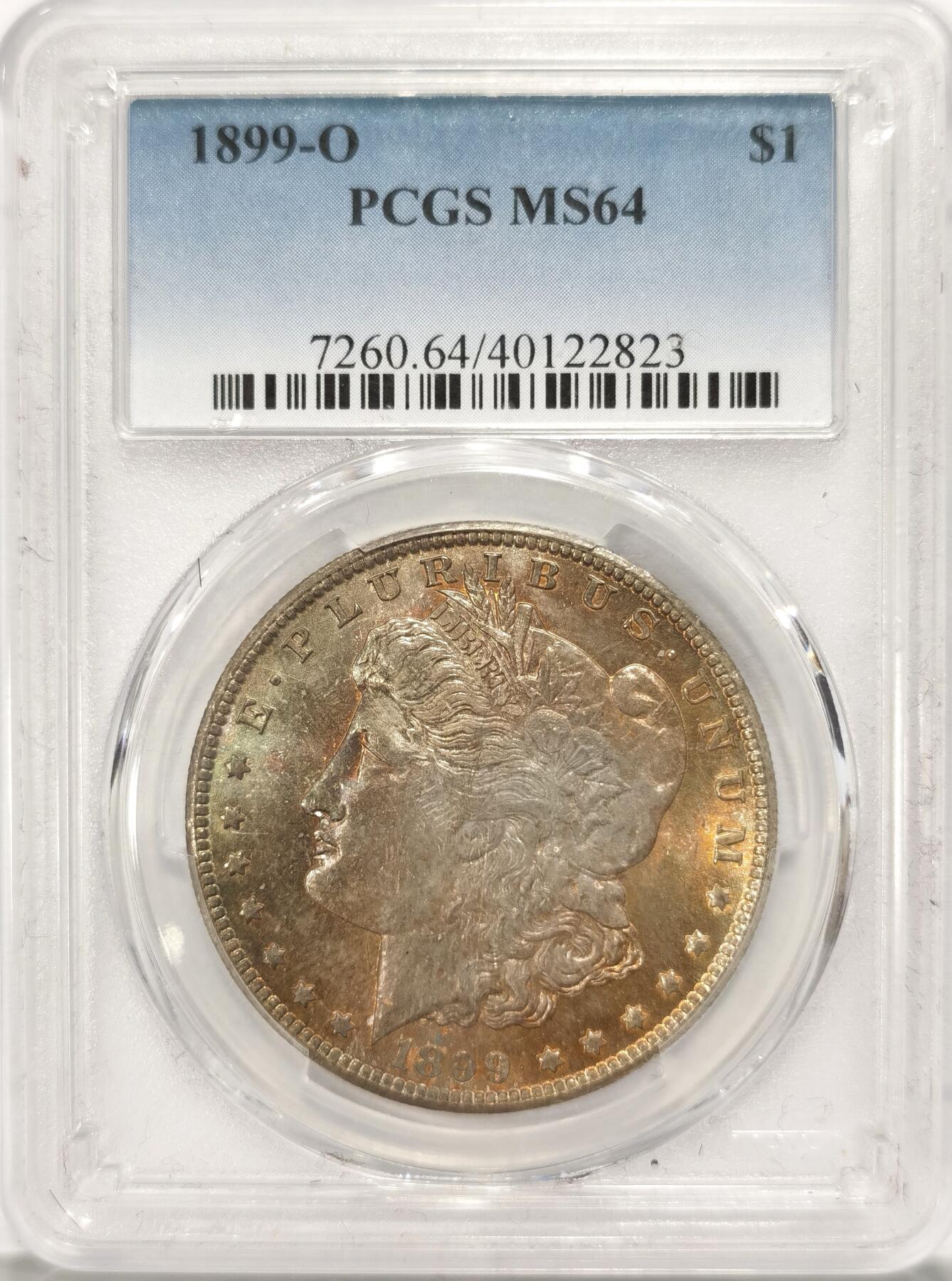 博洋堂“夏光旖旎”7月精品专场暨第085期（全场包邮） 1899年美国摩根银币O版PCGS-MS64，原汁原味五彩老包浆，包浆醇厚润泽又犀利，币面清爽干净又漂亮，打制精美，状态一流，市场上比较稀少年份的摩根银币