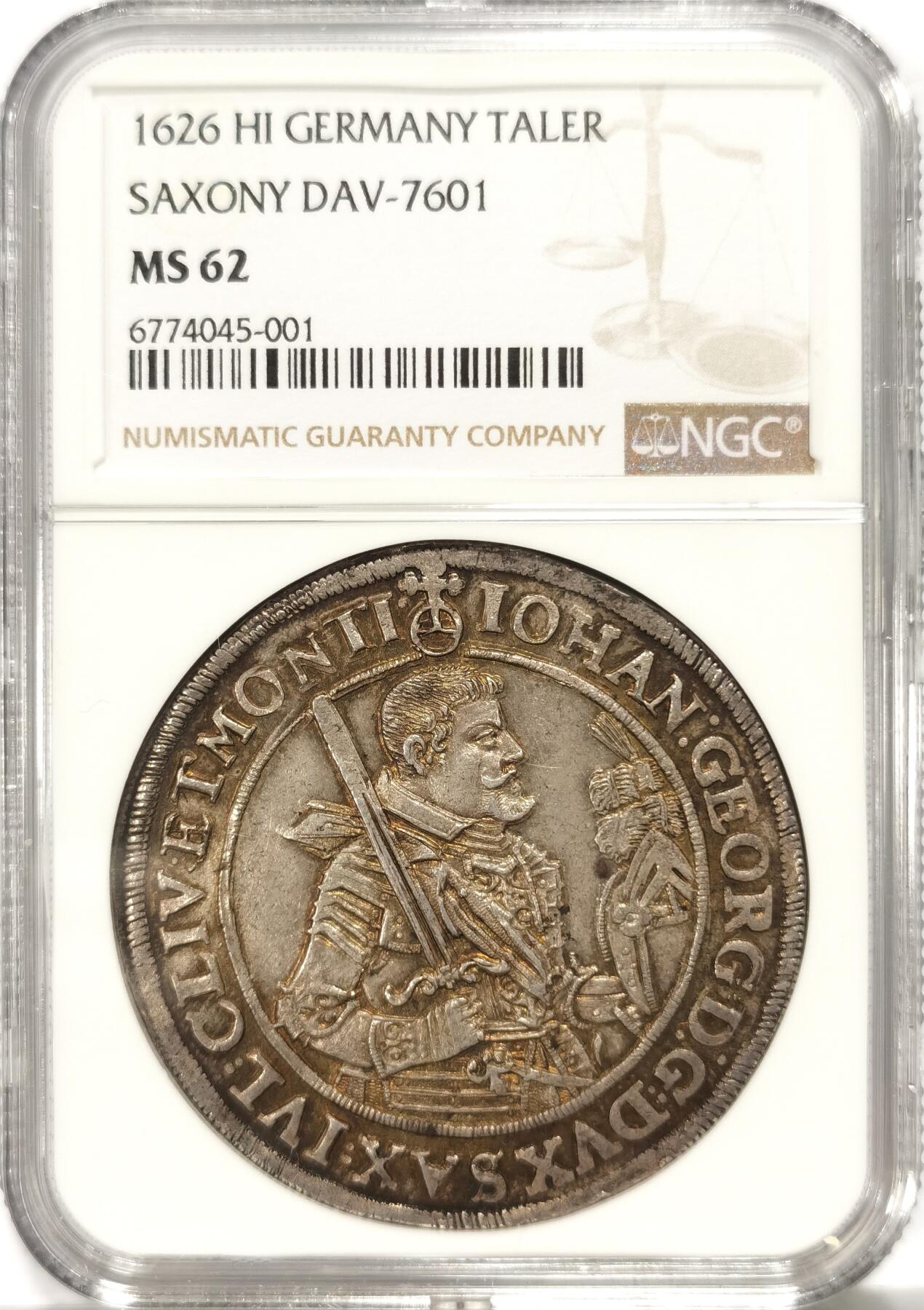 博洋堂“夏光旖旎”7月精品专场暨第085期（全场包邮） NGC MS62 神罗萨克森帝选侯1626年武士剑老泰勒 五彩 少见的高分