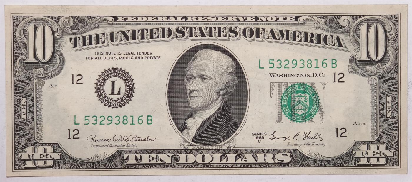 紫瑗钱币——第393期拍卖——纸币场 美国 1969年 L版 C序列 亚历山大·汉密尔顿 10美元 小头版 UNC