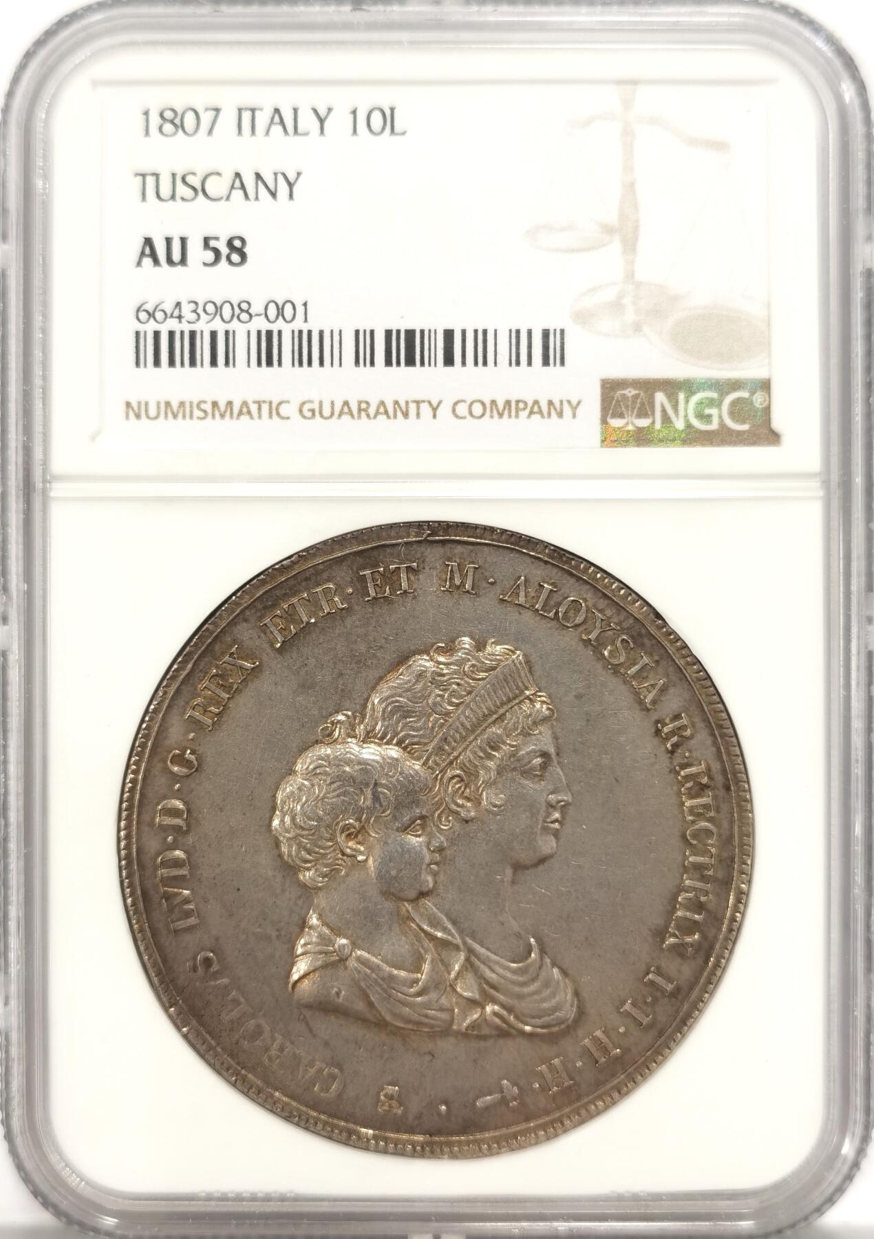 博洋堂“夏光旖旎”7月精品专场暨第085期（全场包邮） NGC AU58 意大利1807托斯卡纳母子10里拉，五彩包浆，一流状态，细节不输MS