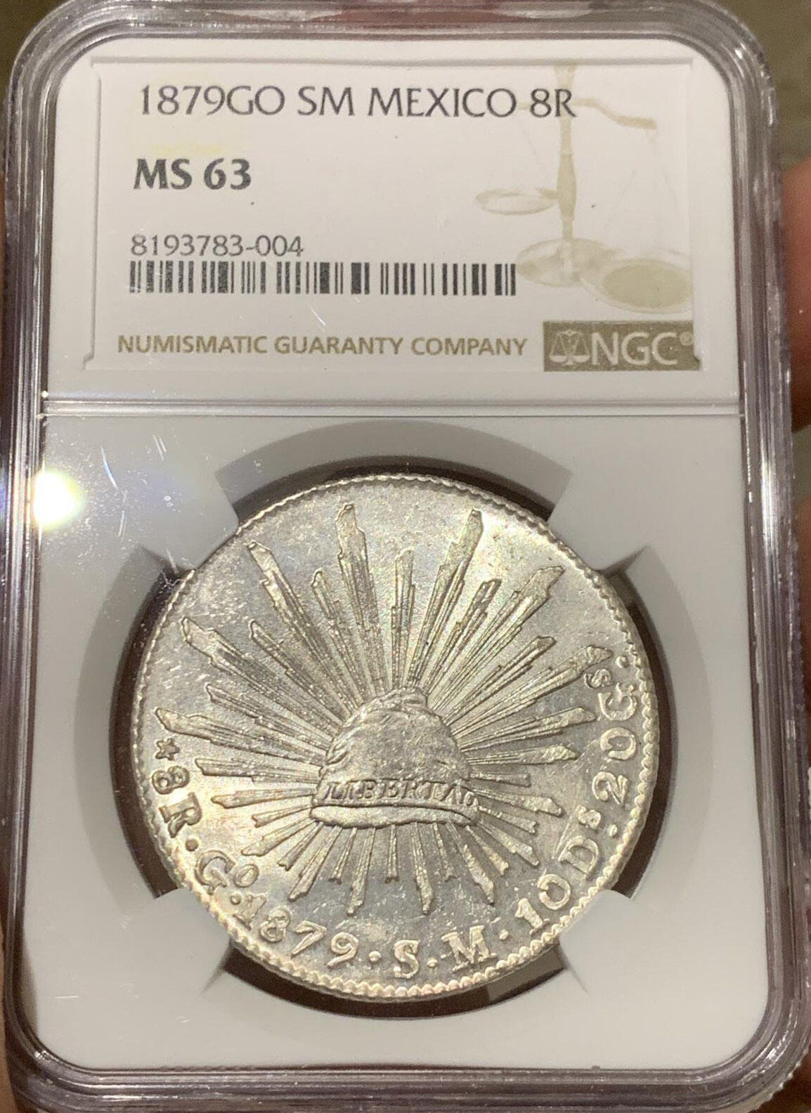NGC-MS63 1879墨西哥花边鹰洋 全毛车轮转光