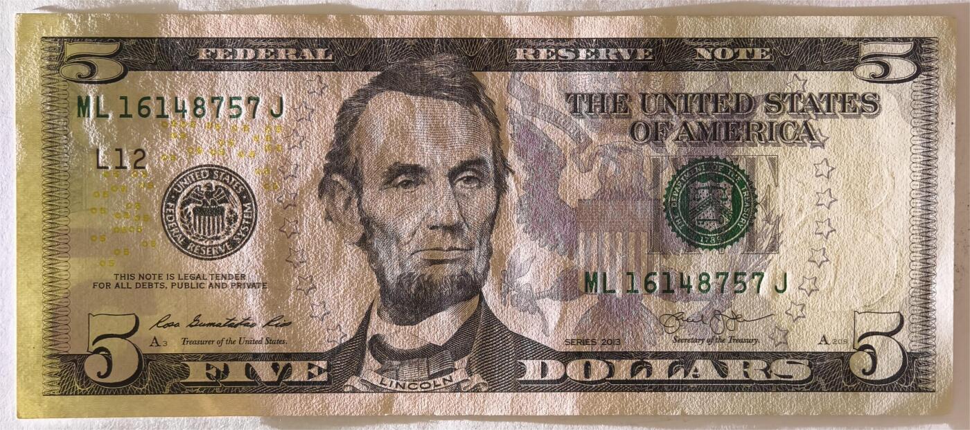 紫瑗钱币——第393期拍卖——纸币场 美国 2013年 L版 无序列 亚伯拉罕·林肯 5美元 彩色版 UNC