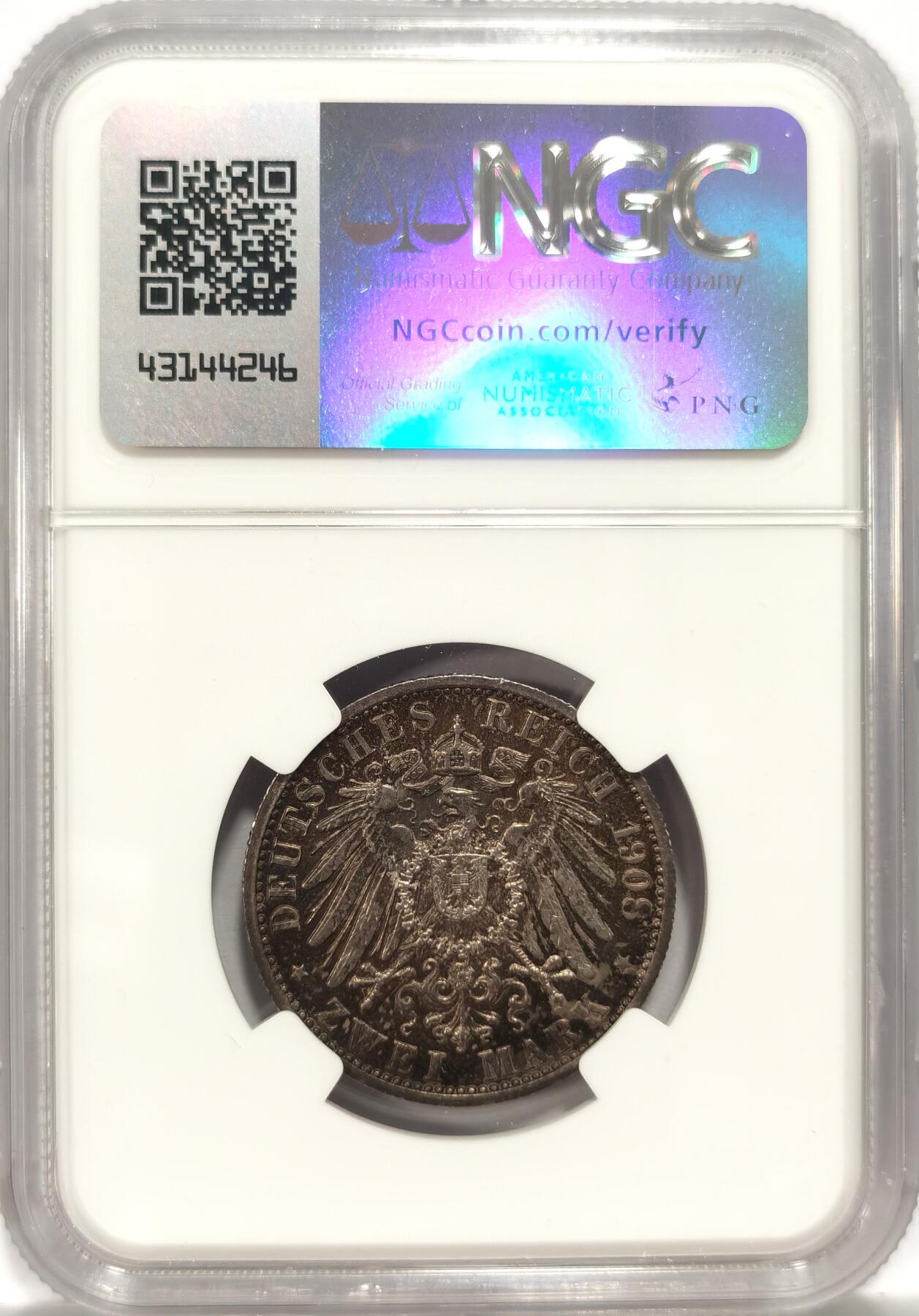 博洋堂世界钱币拍卖第093期（全场包邮） NGC AU58 德国萨克森-魏玛-爱森纳赫1908年耶拿大学2马克银币，极品五彩包浆