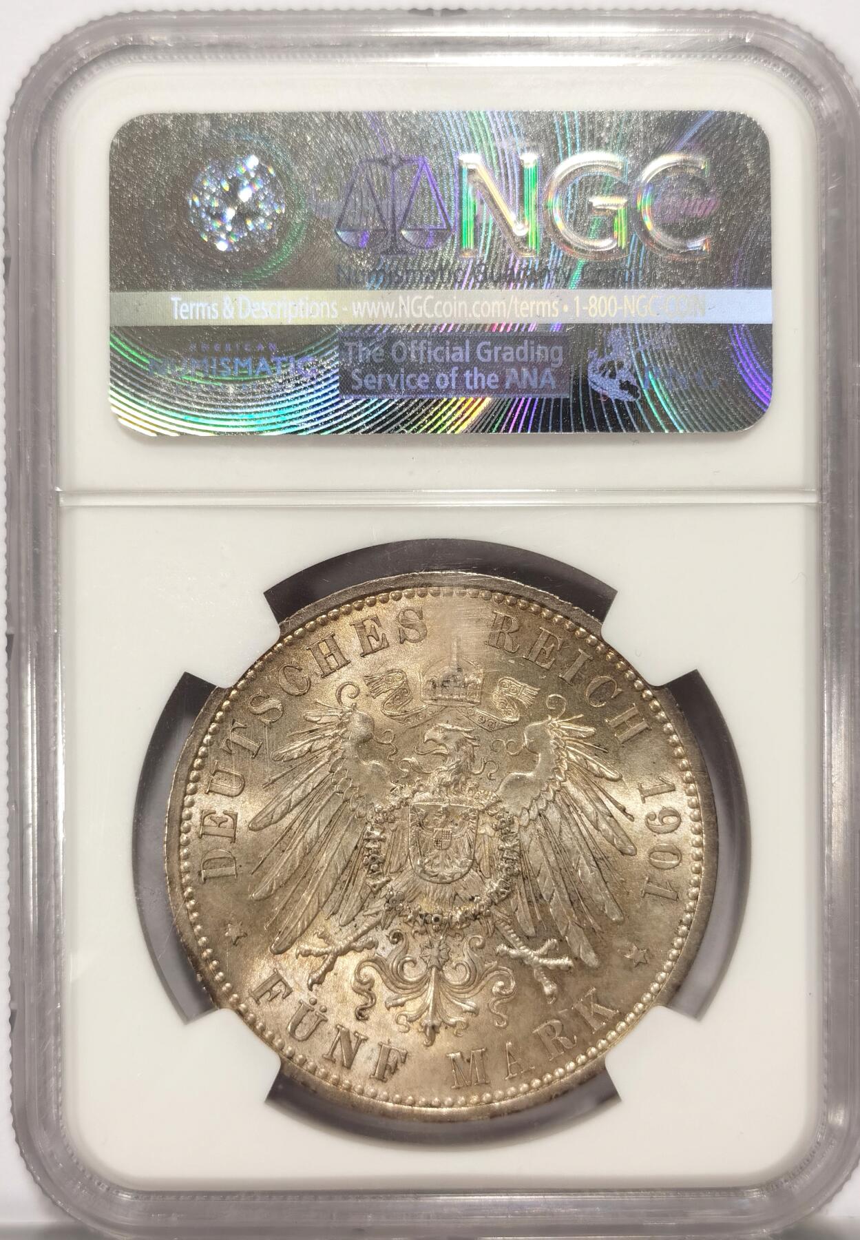 博洋堂“夏光旖旎”7月精品专场暨第085期（全场包邮） 1901年德国普鲁士建国200周年5马克纪念银币NGC-MS62，原汁原味老包浆，包浆醇厚润泽，币面清爽干净又漂亮，打制精美，对比状态和品质绝对不输MS63