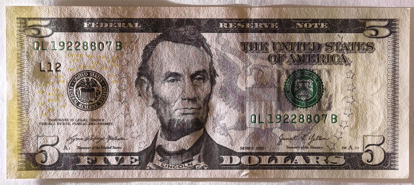 紫瑗钱币——第393期拍卖——纸币场 美国 2021年 L版 无序列 亚伯拉罕·林肯 5美元 彩色版 UNC