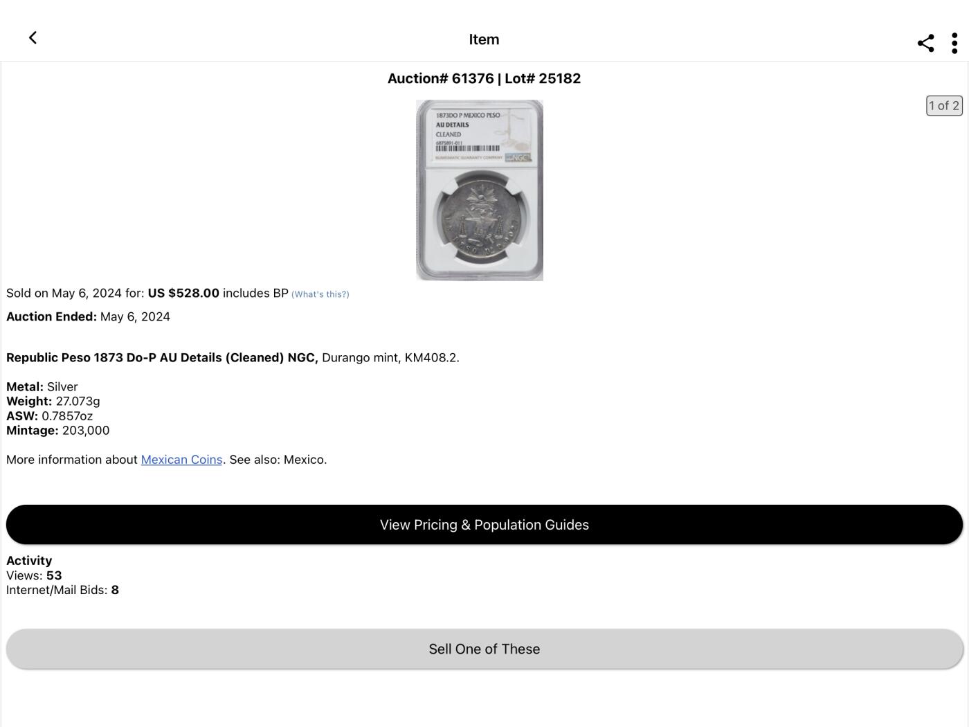 博洋堂“夏光旖旎”7月精品专场暨第085期（全场包邮） NGC AU91 1873年DO P版天平鹰洋银币，非常非常少见的杜兰戈厂天平鹰洋，ngc有分没分的加一起一共只有七枚评级记录。近二十年海外大拍中该品种极其难寻，每出现一枚即会被疯抢。这个品种au无分一共两枚，另一枚au92在今年5月HA的拍卖中528美元成交，此枚原味超级五彩包浆，上海n给AT难以理解，重评大概率有分