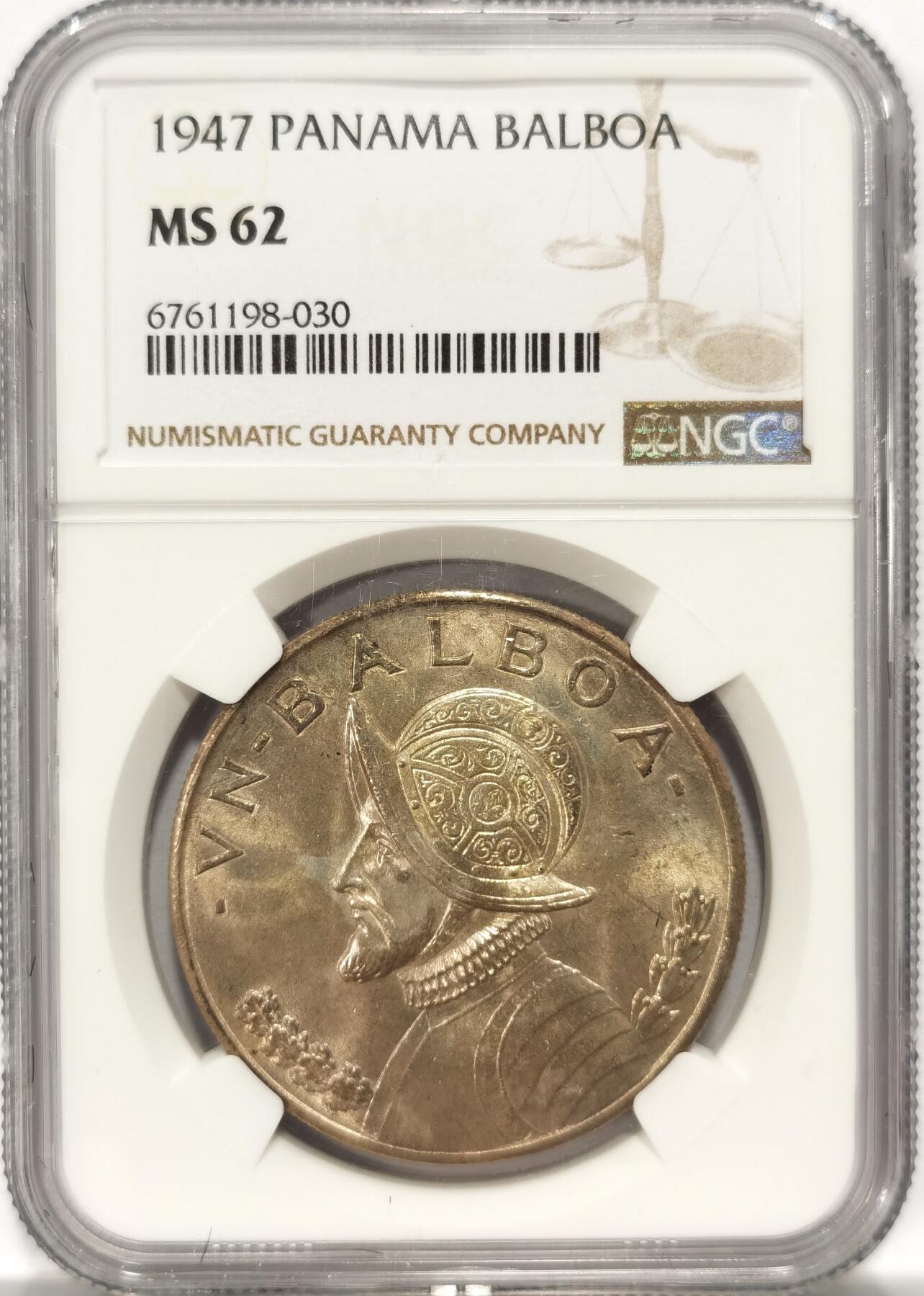 博洋堂“夏光旖旎”7月精品专场暨第085期（全场包邮） 1947年巴拿马1巴波亚银币NGC-MS62，女神系大主币，原汁原味老包浆，包浆醇厚，略为低评，状态和品质秒杀极大部分MS63