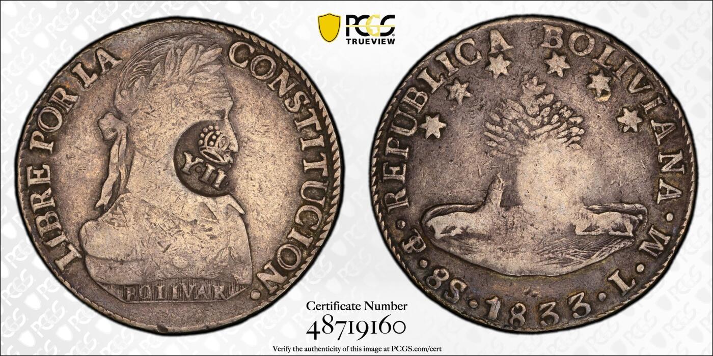 博洋堂“长夏未央”8月精品专场暨第089期（全场包邮） PCGS VF35 西属菲律宾1834-37加盖玻利维亚8里亚尔N\P双料冠军，马尼拉铸币厂，VI型加盖，正反均覆盖着黑色原味五彩包浆。加盖于玻利维亚者已属罕见，1833年更是难得。西属+拉丁美洲+东南亚+冠军分，四大最热概念集于一身。2021年9月SBP同品种35分成交价就已经达到8400美元，近两年西属大涨，此枚相信有望斩获破纪录的价格