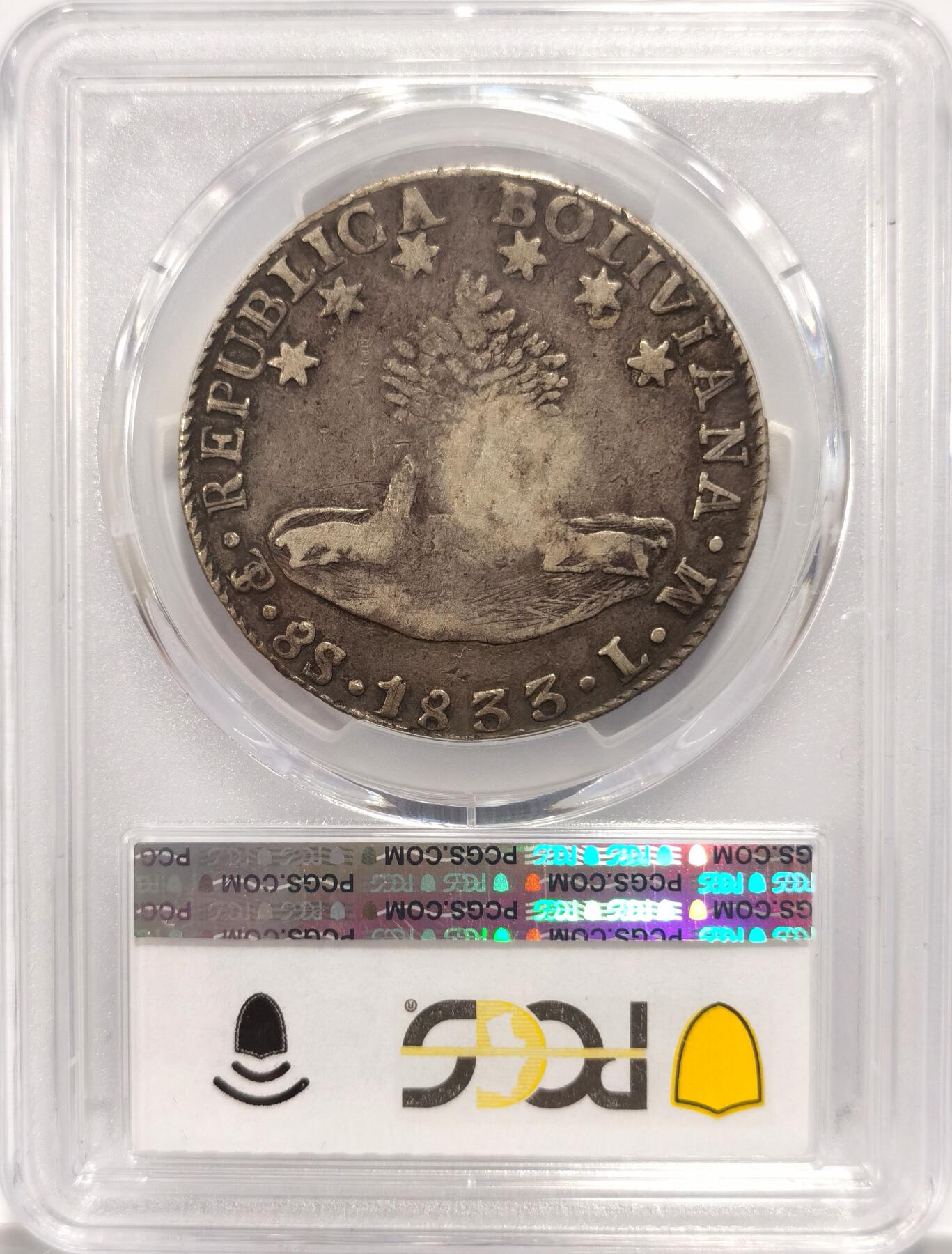 博洋堂“长夏未央”8月精品专场暨第089期（全场包邮） PCGS VF35 西属菲律宾1834-37加盖玻利维亚8里亚尔N\P双料冠军，马尼拉铸币厂，VI型加盖，正反均覆盖着黑色原味五彩包浆。加盖于玻利维亚者已属罕见，1833年更是难得。西属+拉丁美洲+东南亚+冠军分，四大最热概念集于一身。2021年9月SBP同品种35分成交价就已经达到8400美元，近两年西属大涨，此枚相信有望斩获破纪录的价格