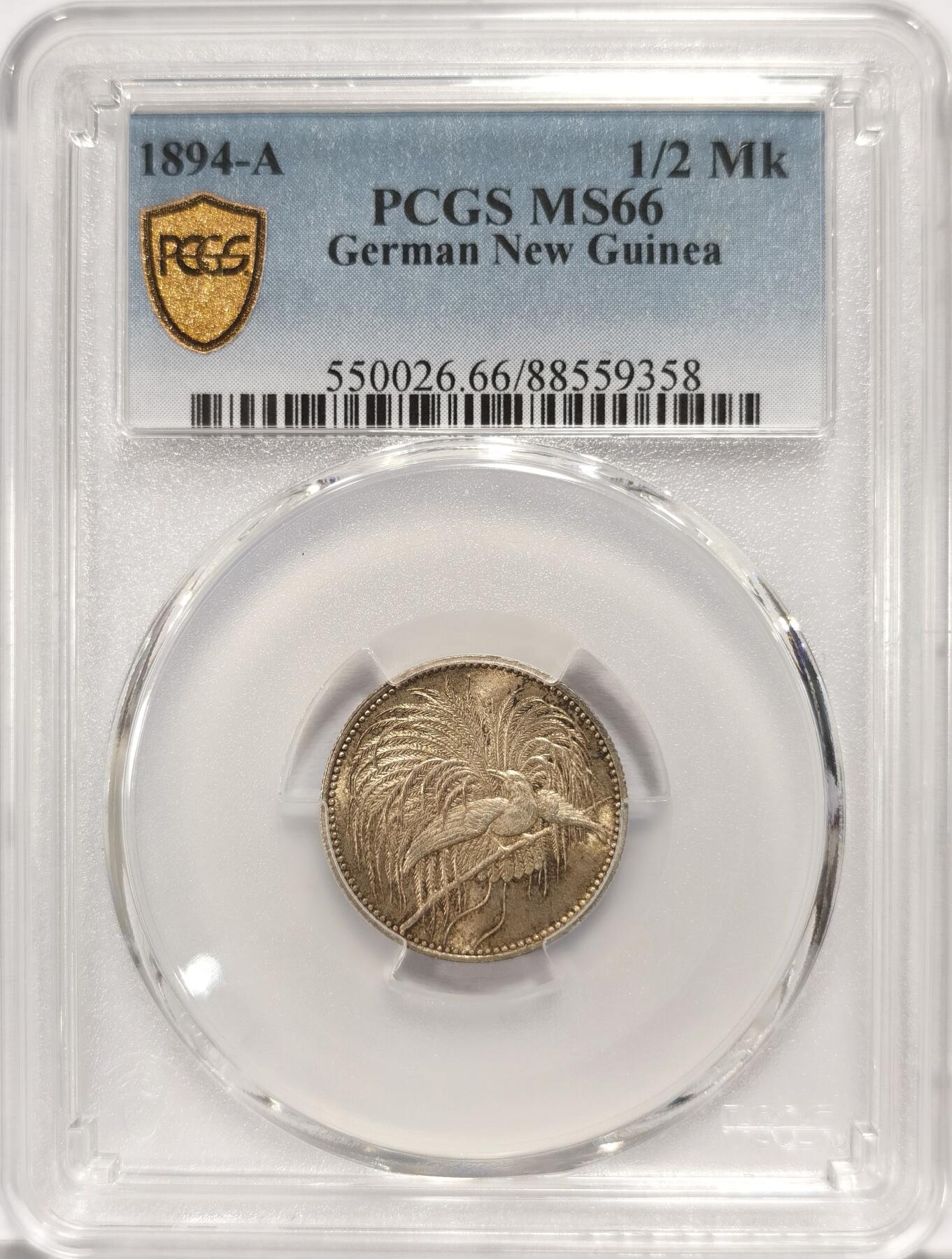 博洋堂“夏光旖旎”7月精品专场暨第085期（全场包邮） PCGS MS66 德属新几内亚1894年天堂鸟1/2马克 名誉品种 罕见超高分