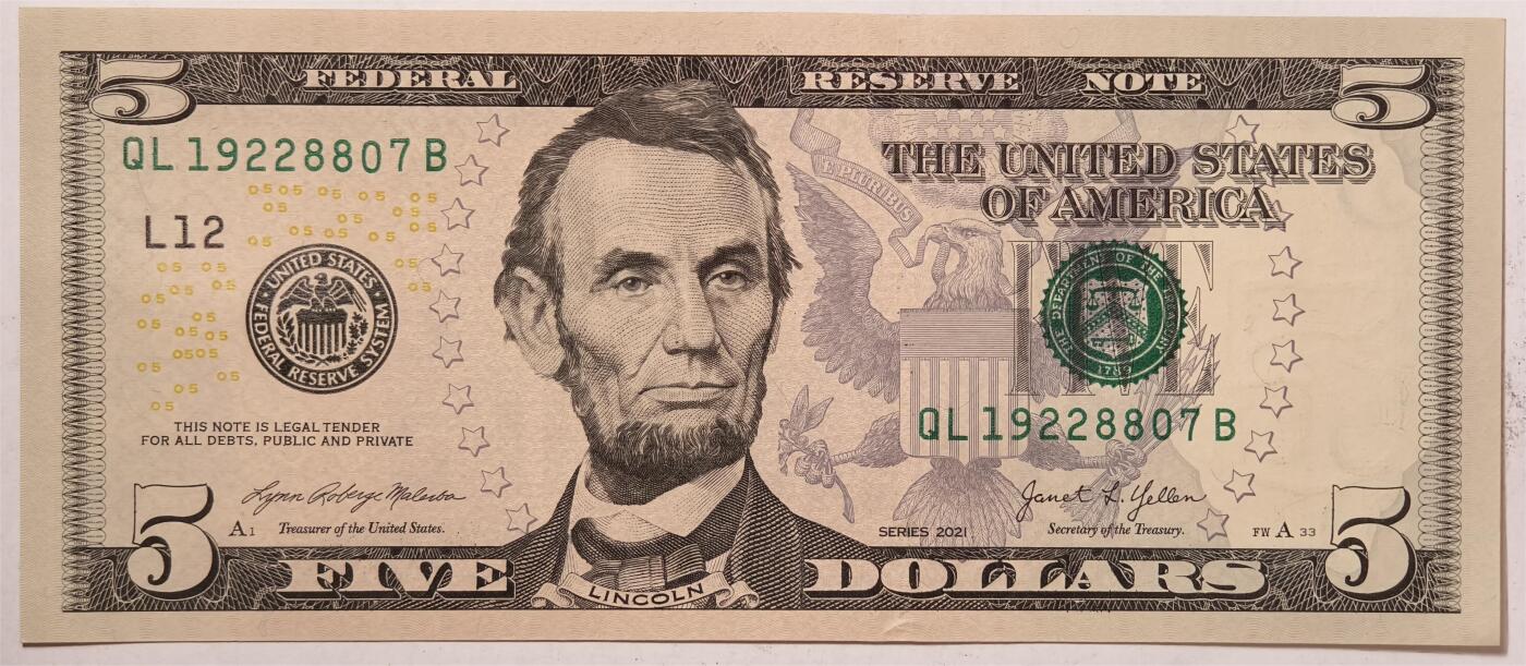 紫瑗钱币——第393期拍卖——纸币场 美国 2021年 L版 无序列 亚伯拉罕·林肯 5美元 彩色版 UNC