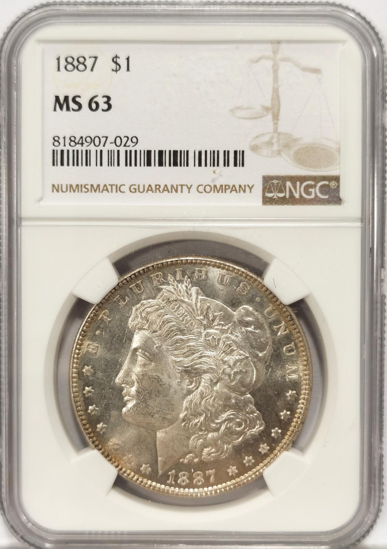 博洋堂“夏光旖旎”7月精品专场暨第085期（全场包邮） 1887年美国摩根银币P版NGC-MS63，原汁原味老包浆，包浆醇厚润泽，币面清爽干净又漂亮，打制精美，状态极佳