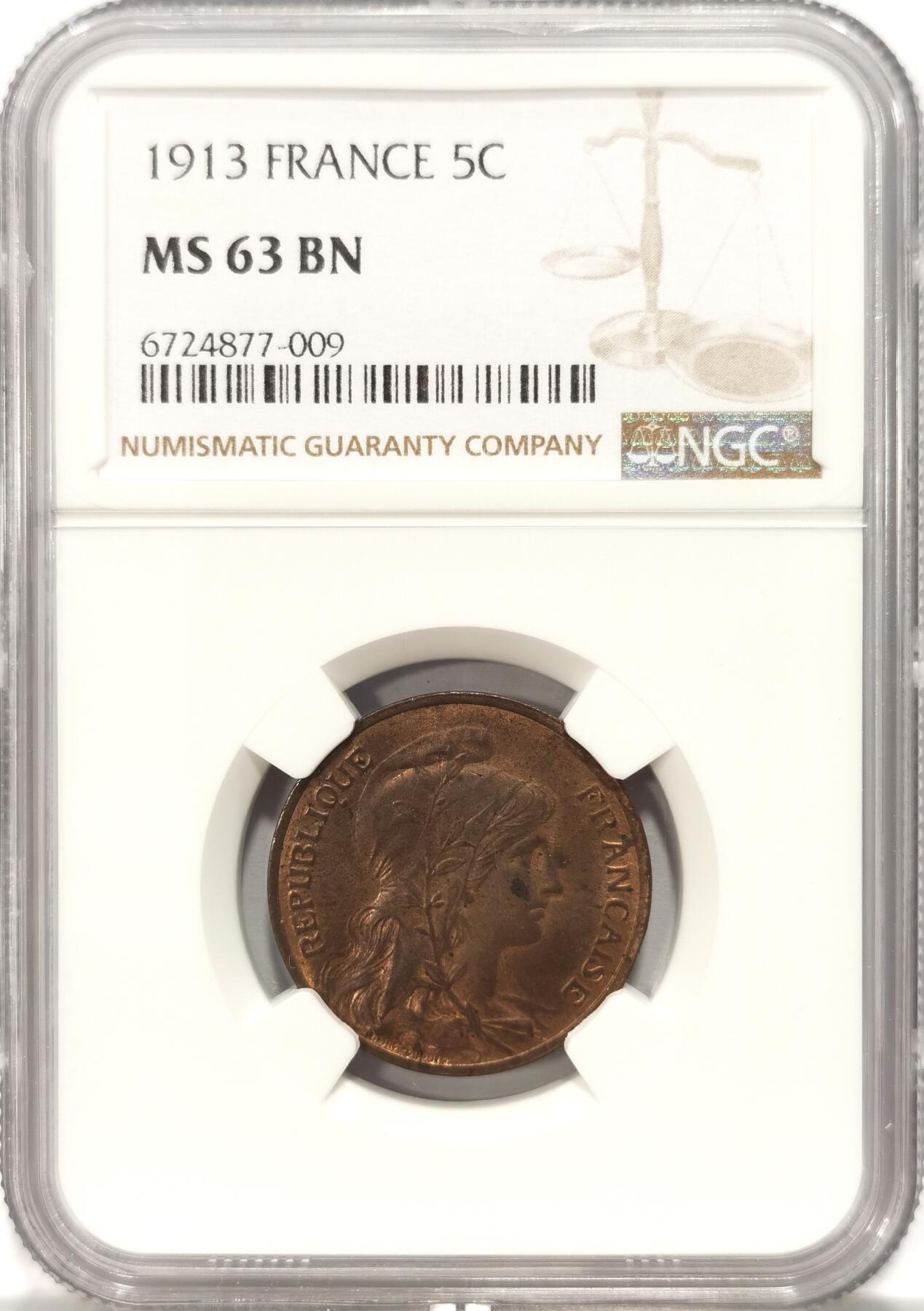 博洋堂世界钱币拍卖第086期（全场包邮） NGC MS63BN 1913法国自由女神5分铜币，唯一亚军分，更高分仅有一枚