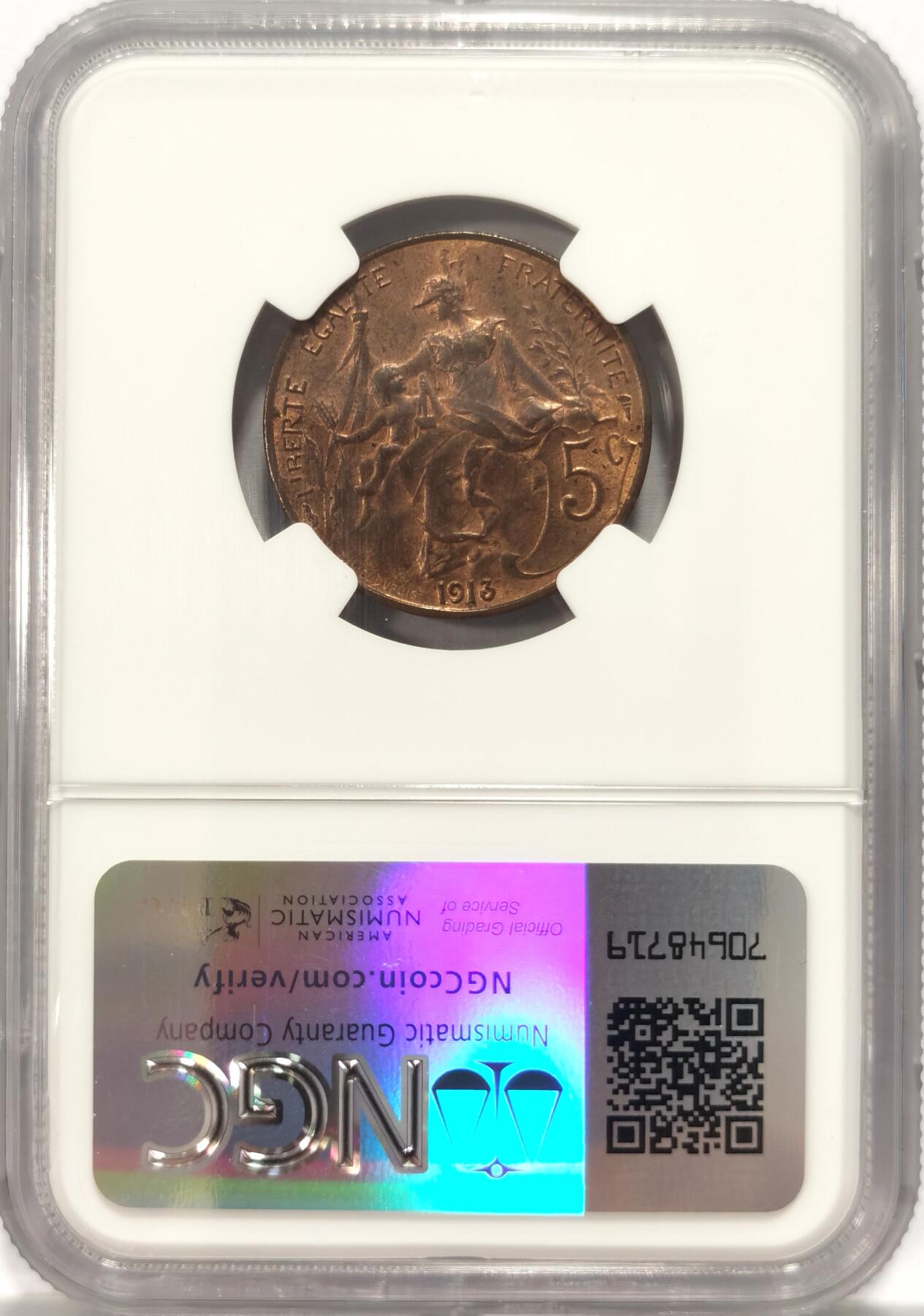 博洋堂世界钱币拍卖第086期（全场包邮） NGC MS63BN 1913法国自由女神5分铜币，唯一亚军分，更高分仅有一枚