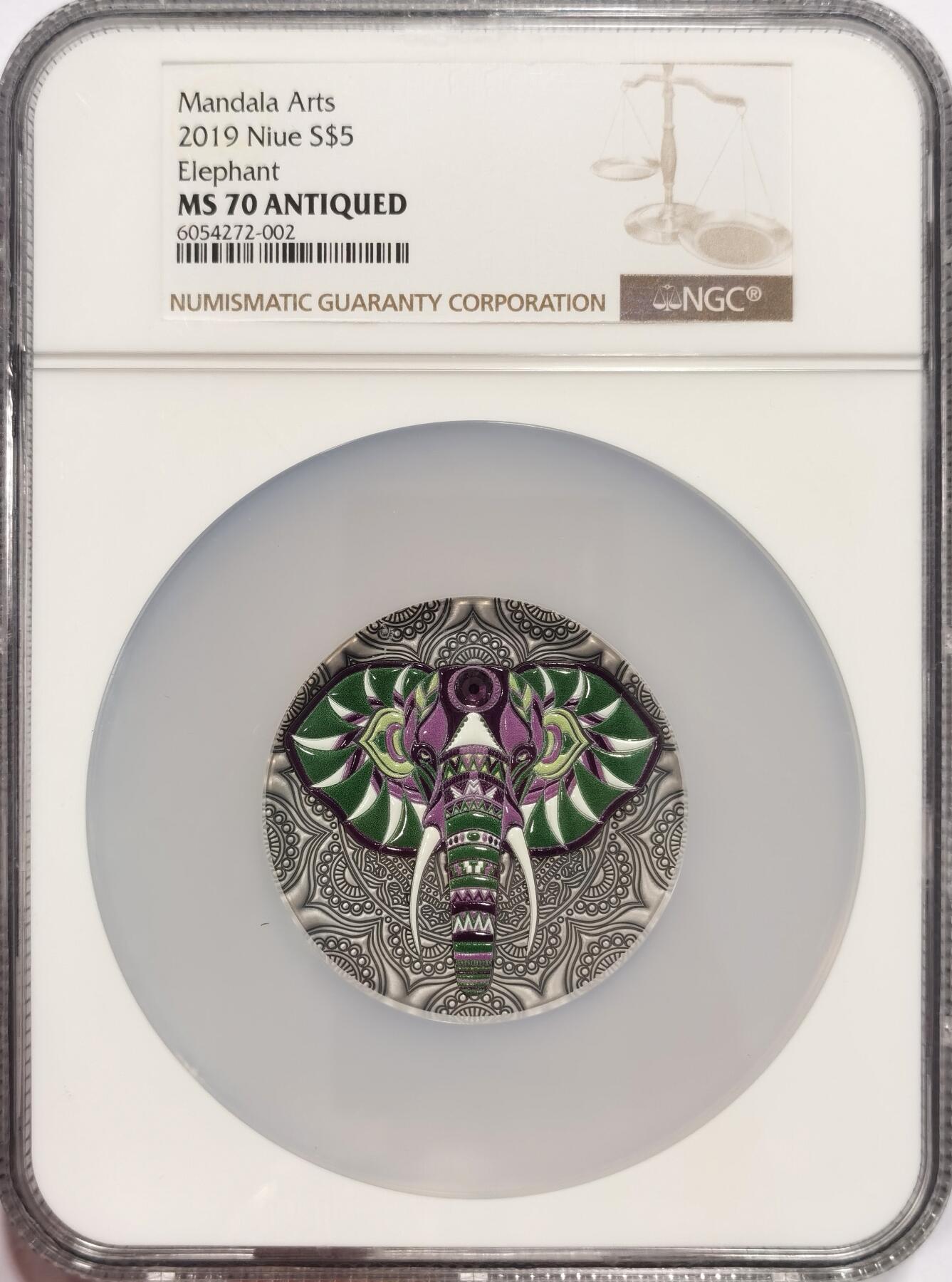 博洋堂“夏光旖旎”7月精品专场暨第085期（全场包邮） NGC MS70 2019年纽埃2盎司曼陀罗系列首枚动物大象镶嵌施华洛世奇水晶高浮雕版仿古银币，盒证齐全