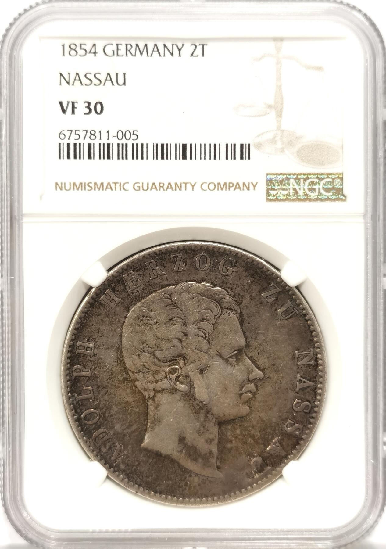 博洋堂“夏光旖旎”7月精品专场暨第085期（全场包邮） NGC VF30 德国拿骚1854年阿道夫2泰勒大银币，少见年份，高品难觅