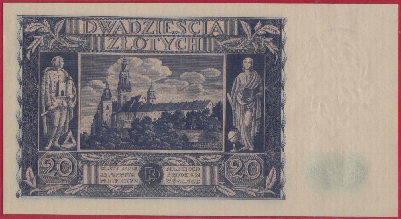 波兰1936年20兹罗提 P-77 欧洲纸币 实物图 UNC