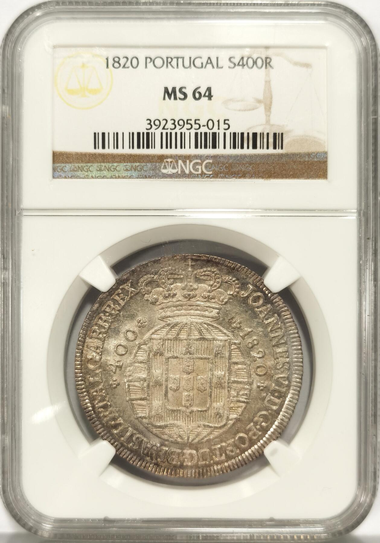 博洋堂“夏光旖旎”7月精品专场暨第085期（全场包邮） NGC MS64 葡萄牙1820年若昂六世400Reis地球十字银币，当时葡萄牙本土的最大银币，热门上涨品种，极致品相，仅有1枚更高分