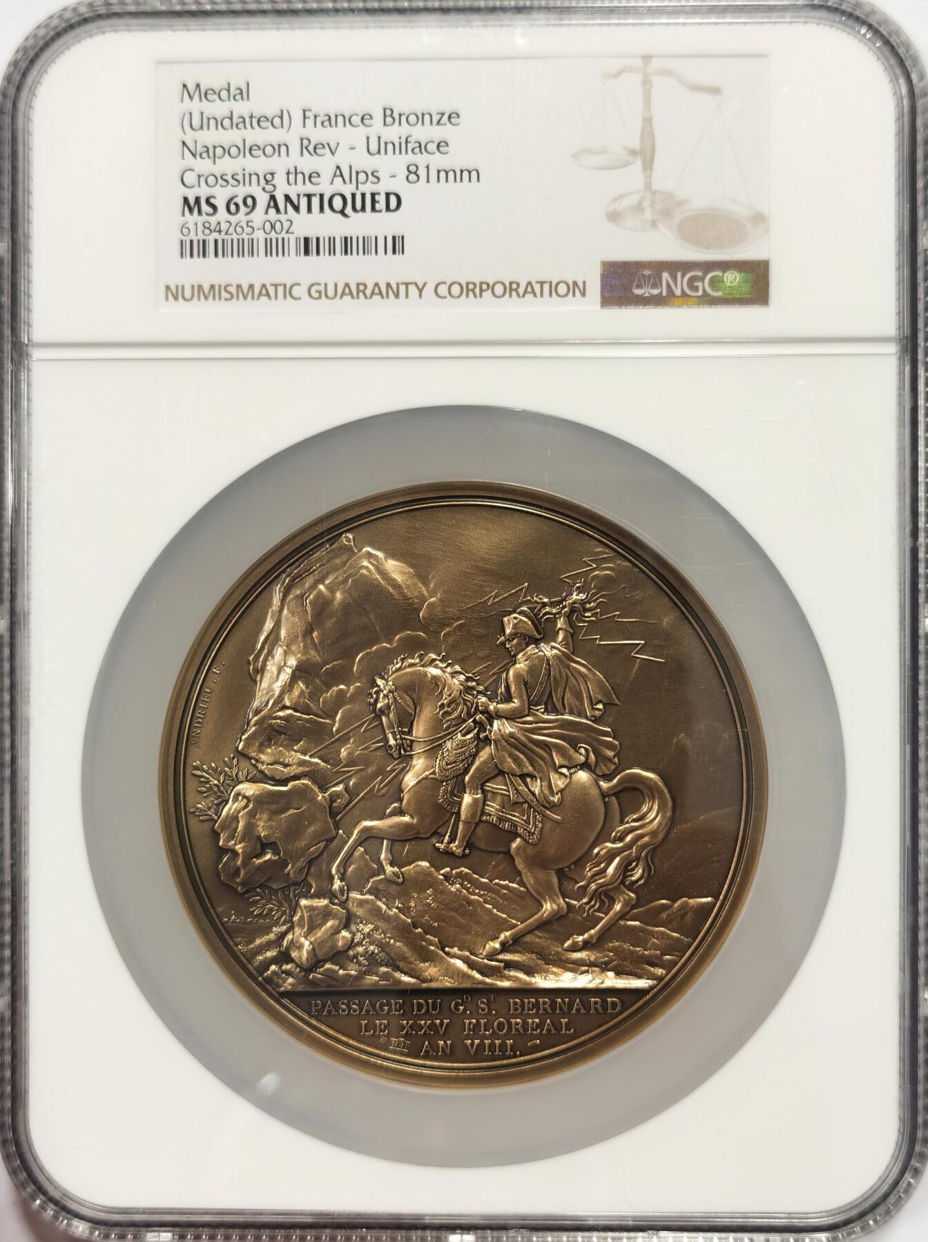 博洋堂“夏光旖旎”7月精品专场暨第085期（全场包邮） NGC MS69 名誉品！法国拿破仑穿越阿尔卑斯山执掌雷电高浮雕仿古大铜章，安德烈·弗兰克铸，带侧标（评级盒遮挡），唯一最高分
