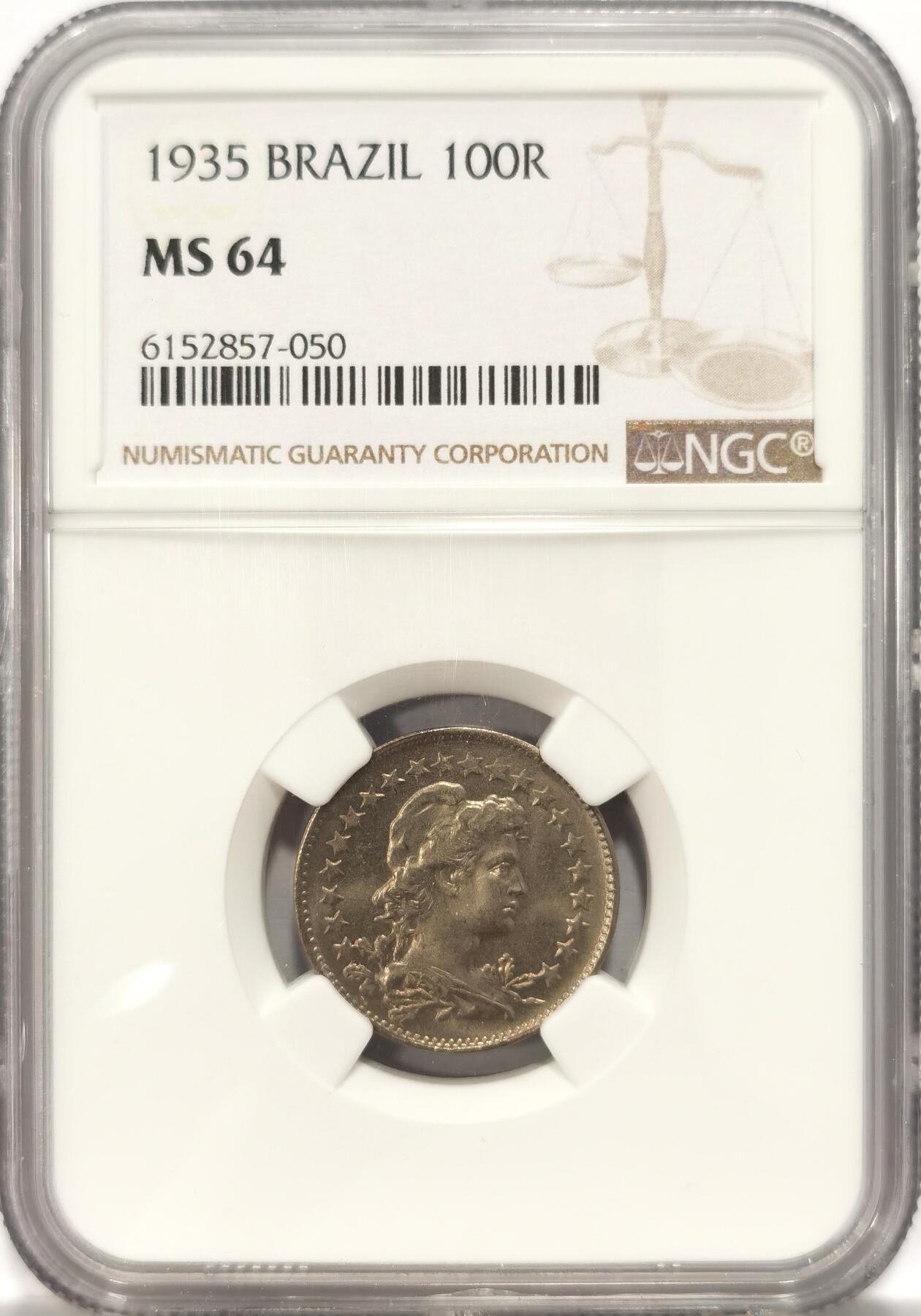 博洋堂世界钱币拍卖第086期（全场包邮） NGC MS64 1935巴西自由女神100瑞斯铜镍币