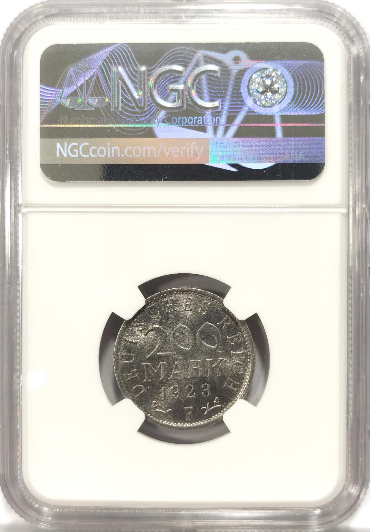 博洋堂世界钱币拍卖第086期（全场包邮） NGC MS64 1923F德国魏玛共和国200马克铝币，更高分仅有13枚