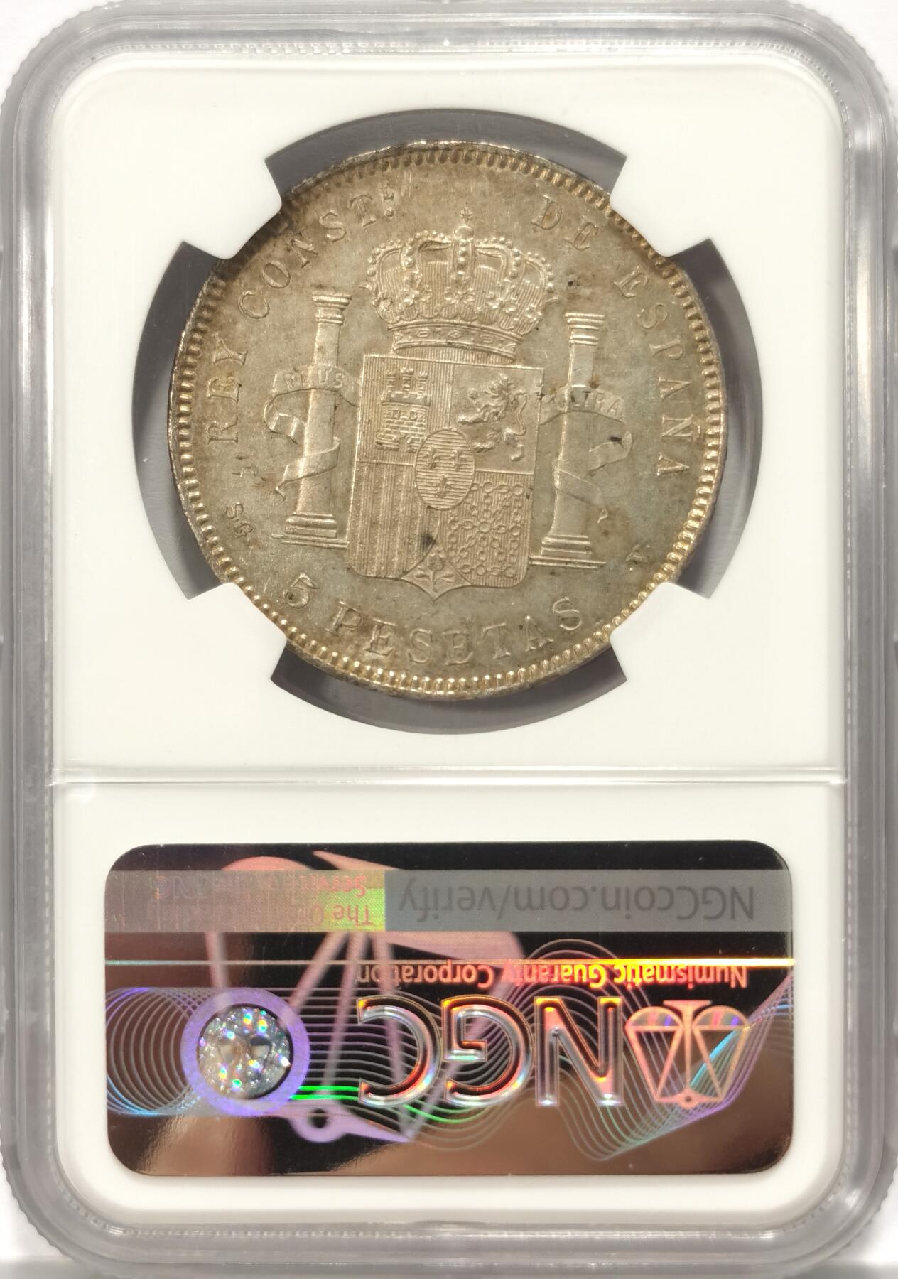 博洋堂“夏光旖旎”7月精品专场暨第085期（全场包邮） NGC MS61 1899(99) SGV 西班牙阿方索十三世5比塞塔大银币