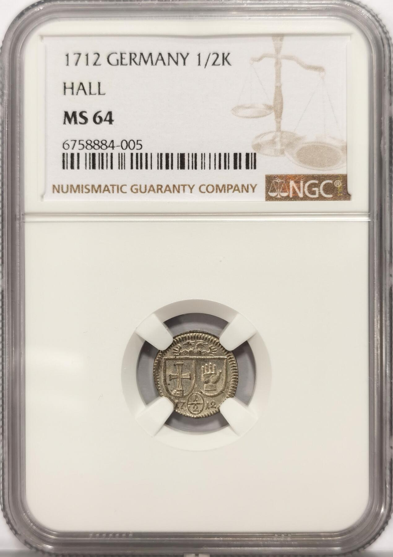 博洋堂“夏光旖旎”7月精品专场暨第085期（全场包邮） NGC MS64 德国哈尔1712年十字手掌半克鲁泽单面银币