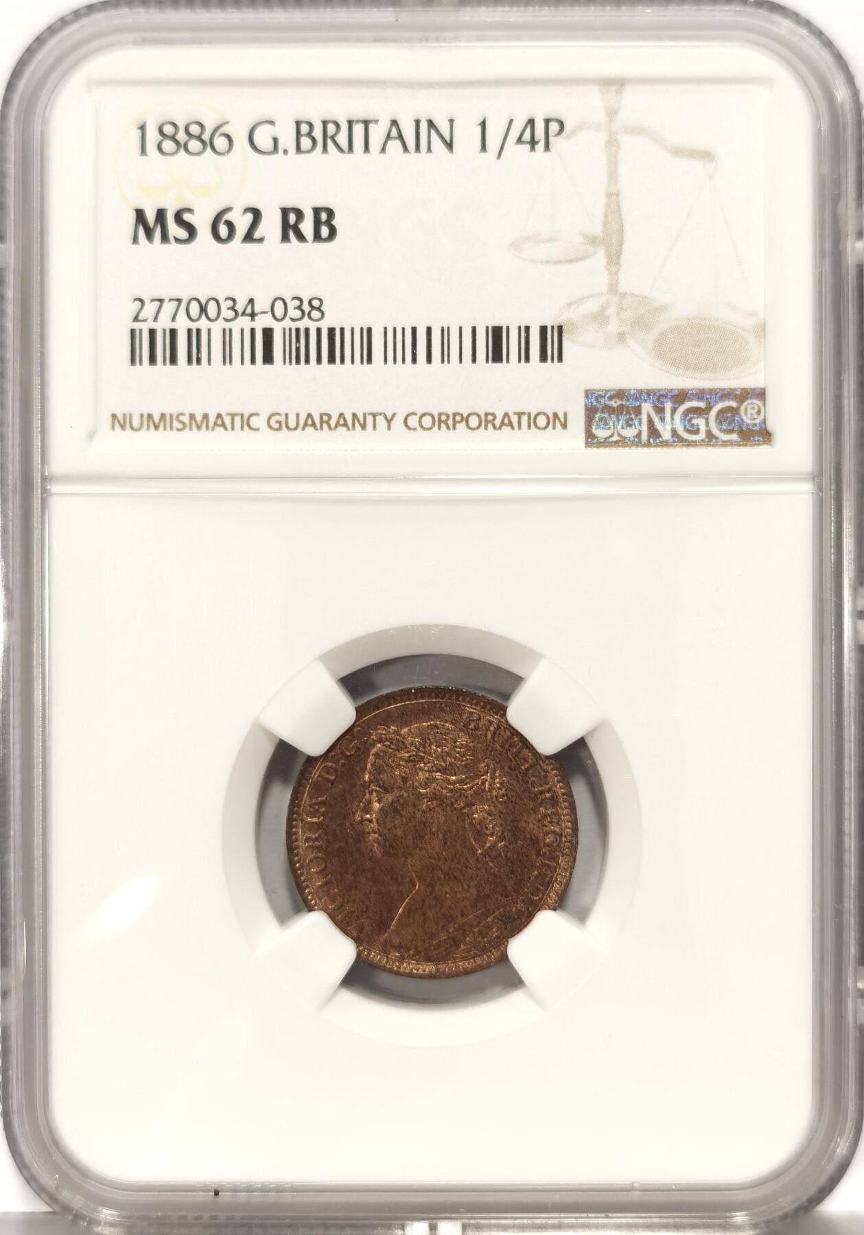博洋堂“夏光旖旎”7月精品专场暨第085期（全场包邮） NGC MS62RB 1886年英国维多利亚1/4便士 少见品种