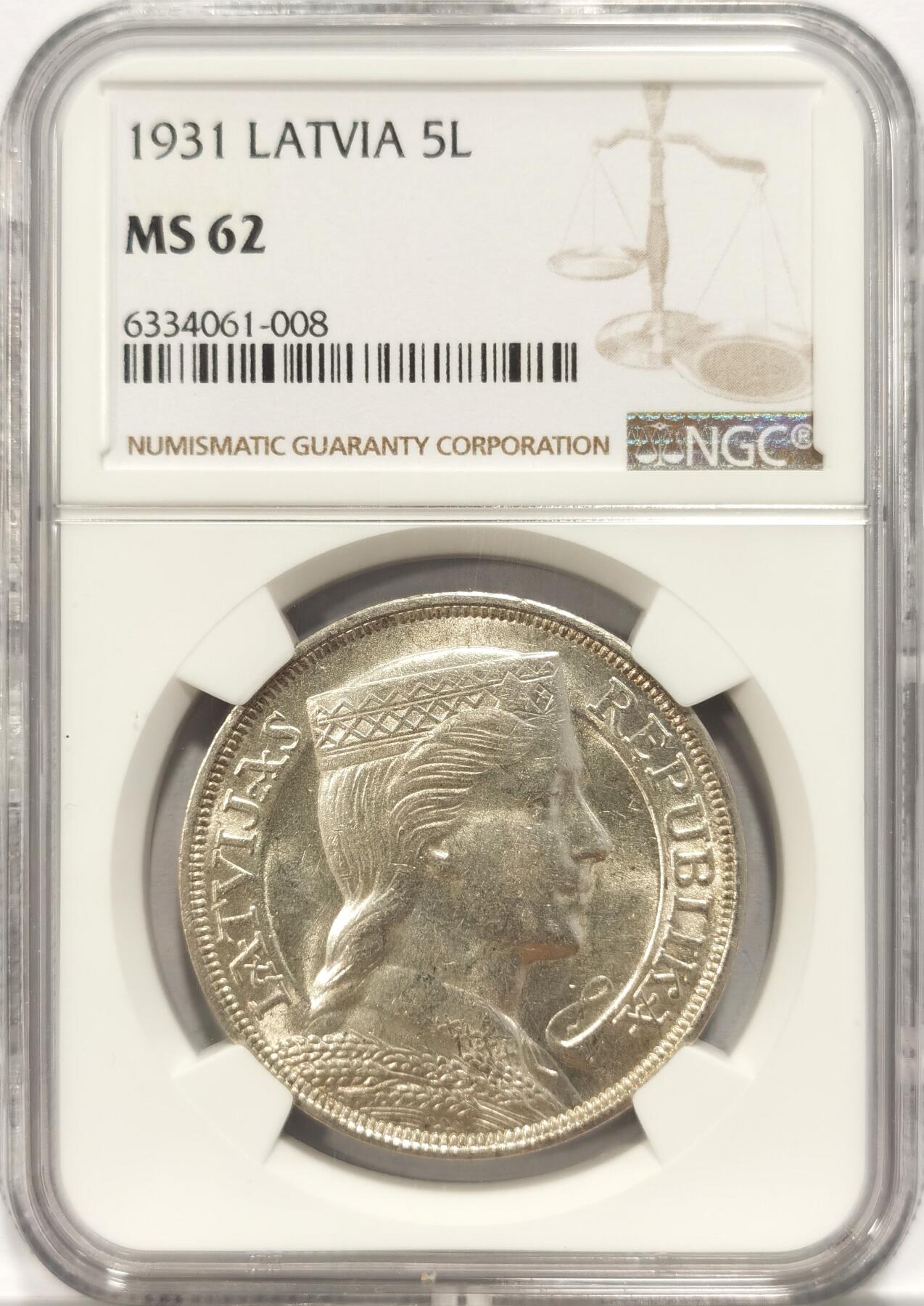 博洋堂“夏光旖旎”7月精品专场暨第085期（全场包邮） NGC MS62 拉脱维亚1931年5拉特大银币  谷物女神  热门品种
