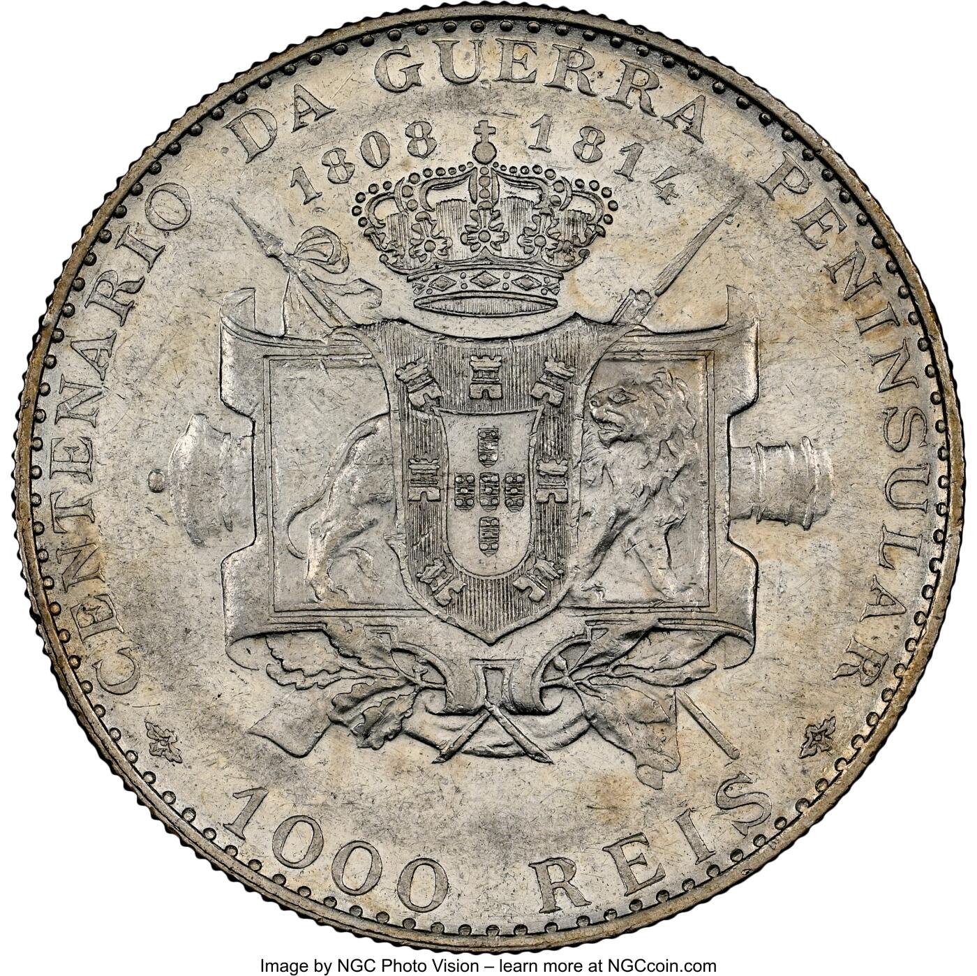 博洋堂“夏光旖旎”7月精品专场暨第085期（全场包邮） NGC AU55 葡萄牙1910年半岛战争1000R银币