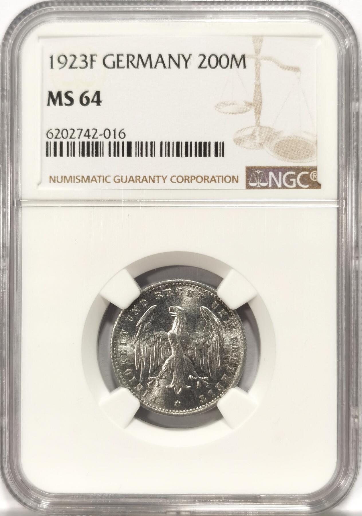 博洋堂世界钱币拍卖第086期（全场包邮） NGC MS64 1923F德国魏玛共和国200马克铝币，更高分仅有13枚
