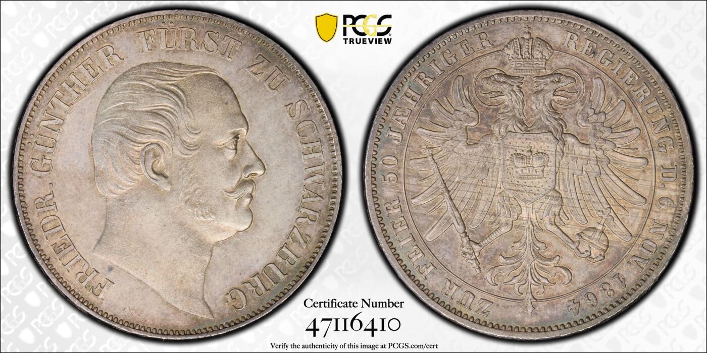 万国钱币拍卖第030期（万国三十期纪念大拍） PCGS MS63 1864年德国施瓦茨堡-鲁多尔斯塔特双头鹰流通1泰勒 小邦原味极致五彩 单年发行仅4500枚 稀缺稀缺稀缺品种