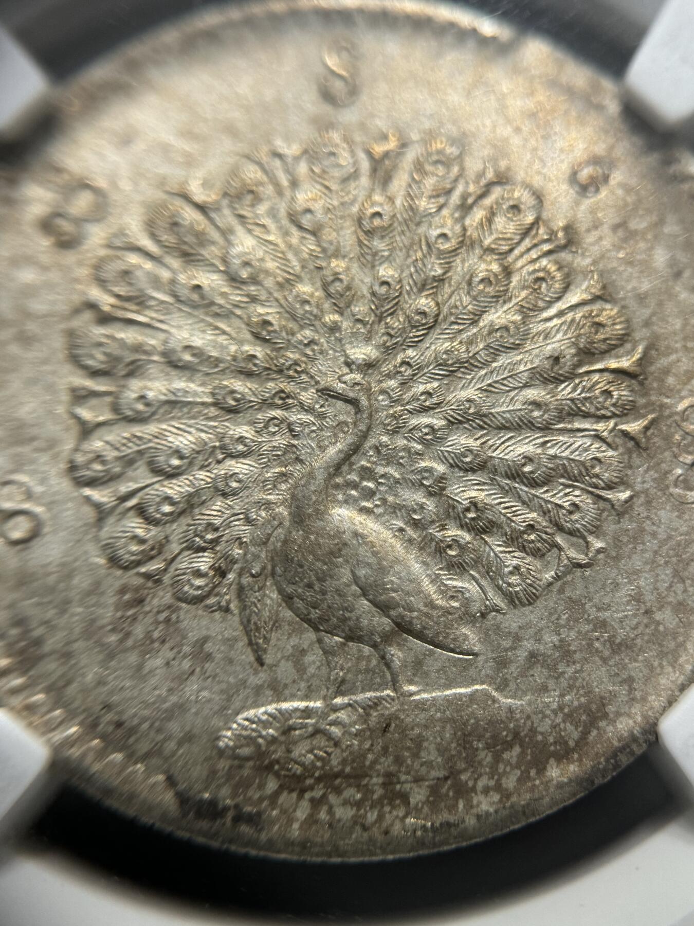 缅甸1852年蒲甘王朝孔雀银币 NGC MS61   